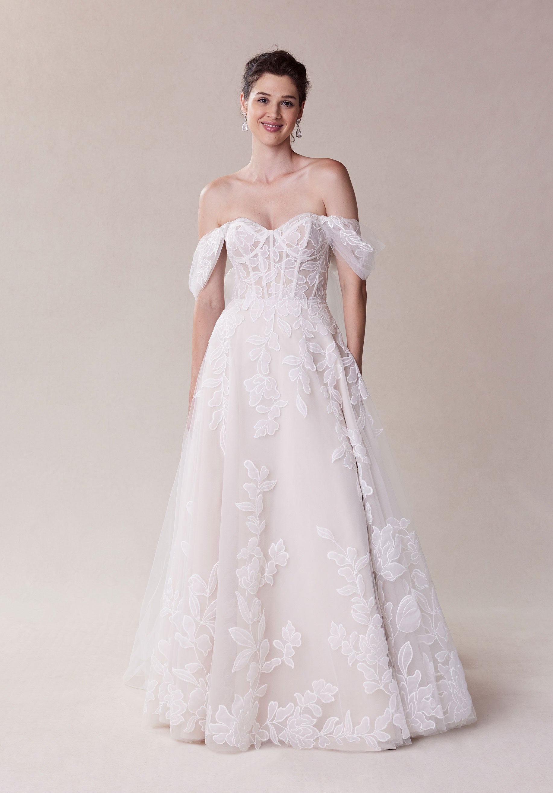 MGNY Madeline Gardner New York 2721 A Line Long Floral Applique Wedding Dress