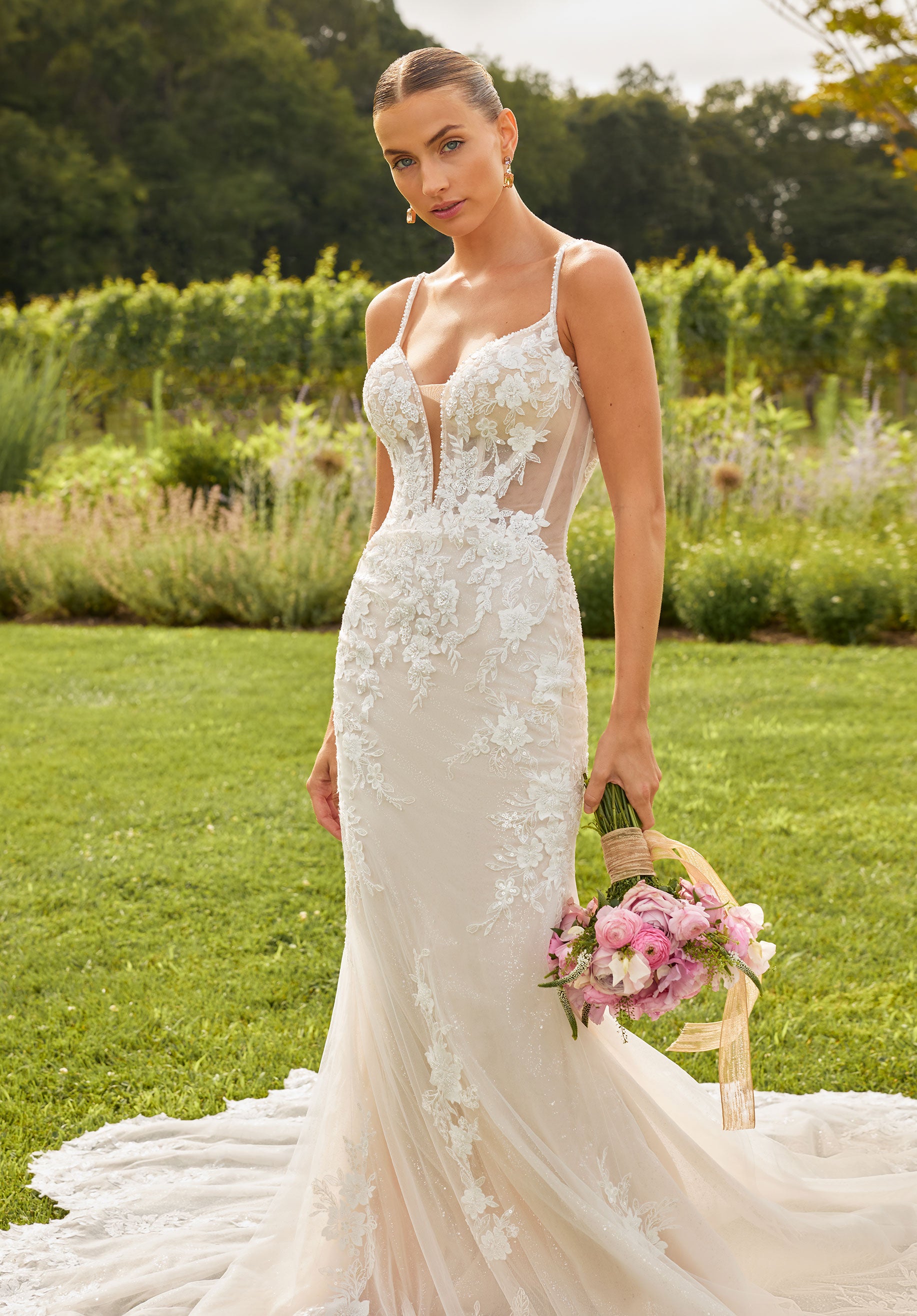 MGNY Madeline Gardner New York 2729 Glitter Long Fitted Beaded Lace Wedding Dress - Ivory/Blush/Prosecco / 16 MGNY Madeline Gardner New York 2729 Glitter Long Fitted Beaded Lace Wedding Dress - Ivory/Blush/Prosecco / 16