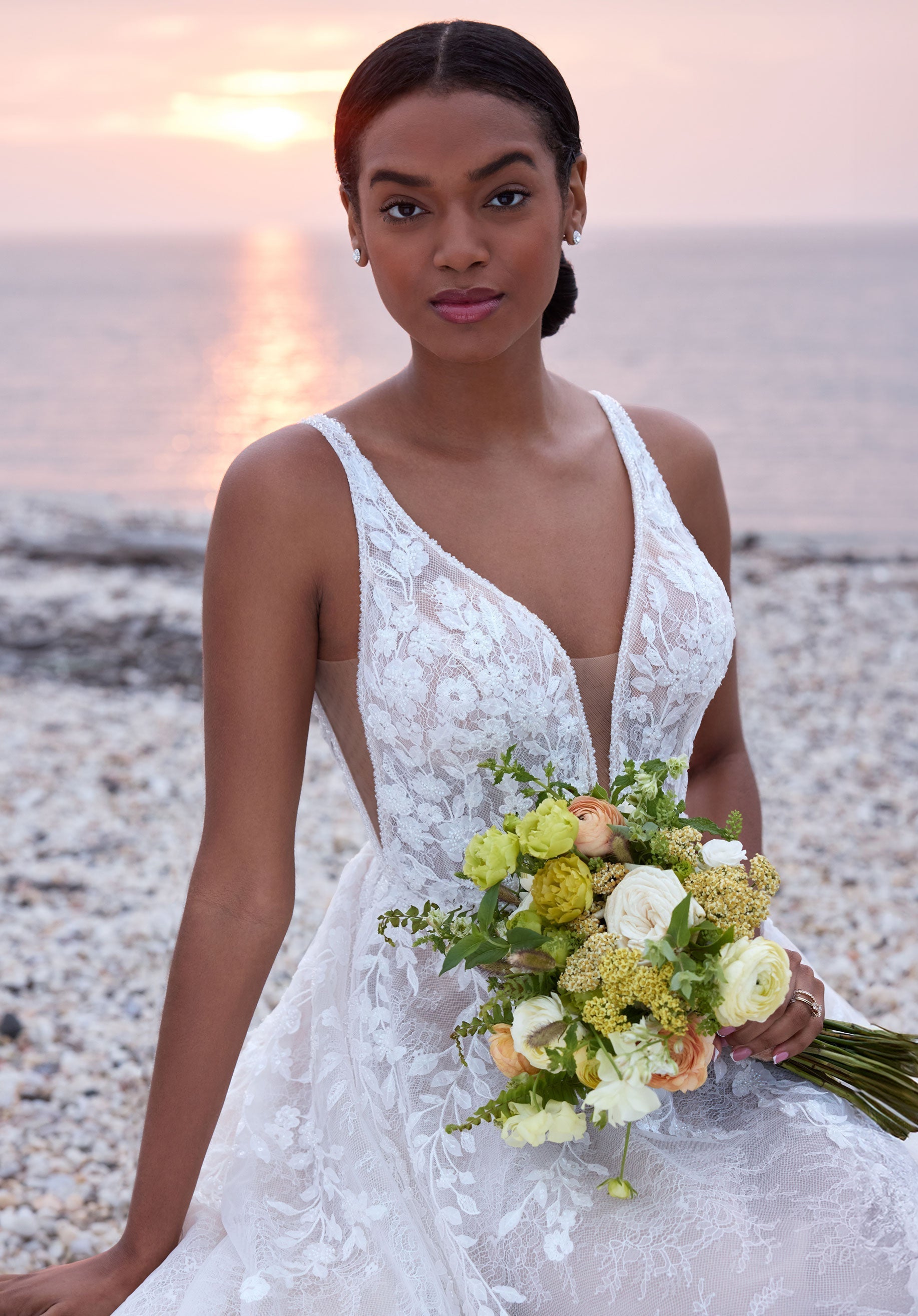 Wedding Dresses Long Wedding 3D Lace Bridal Dress MGNY Madeline Gardner New York 2736 Ivory/Cappuccino/Honey