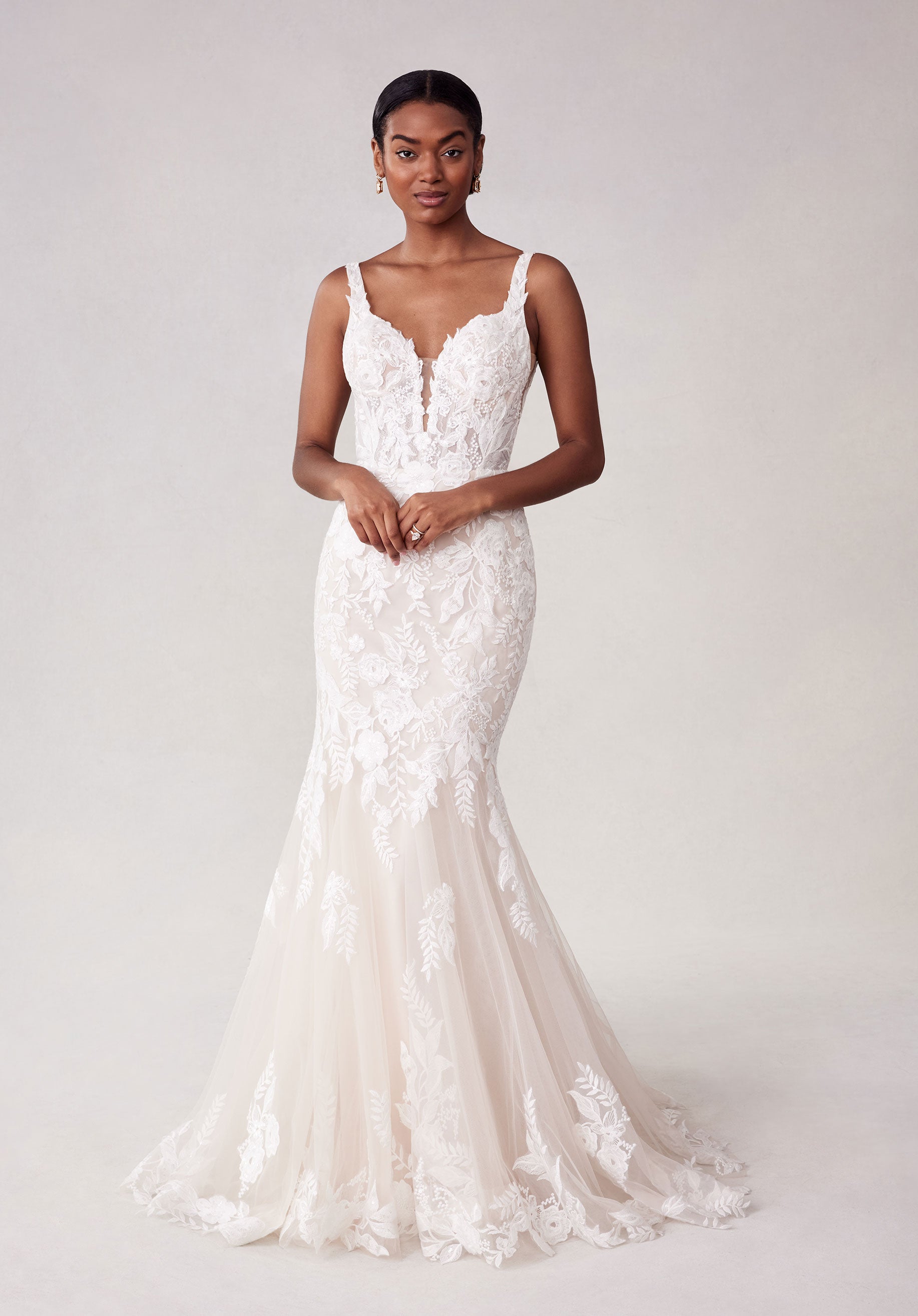 MGNY Madeline Gardner New York 2738 Simple Long Floral Lace Wedding Dress - Ivory/Almond/Champagne/Honey / 12 MGNY Madeline Gardner New York 2738 Simple Long Floral Lace Wedding Dress - Ivory/Almond/Champagne/Honey / 12