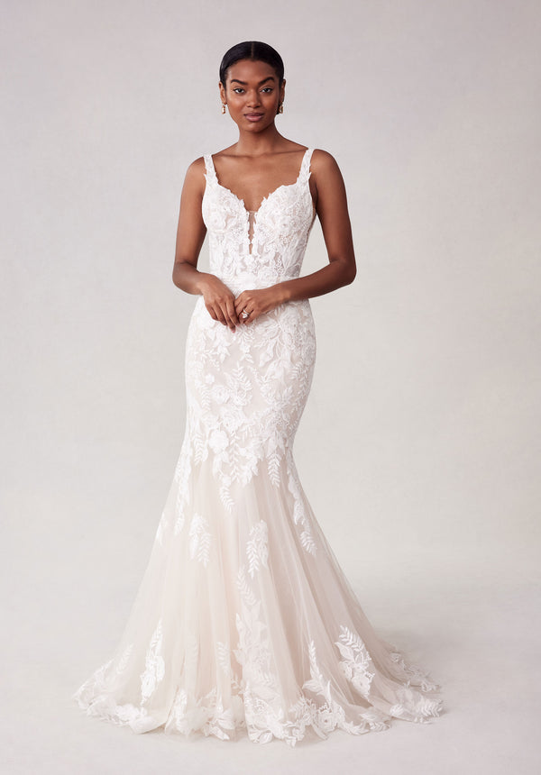 MGNY Madeline Gardner New York 2738 Simple Long Floral Lace Wedding Dress