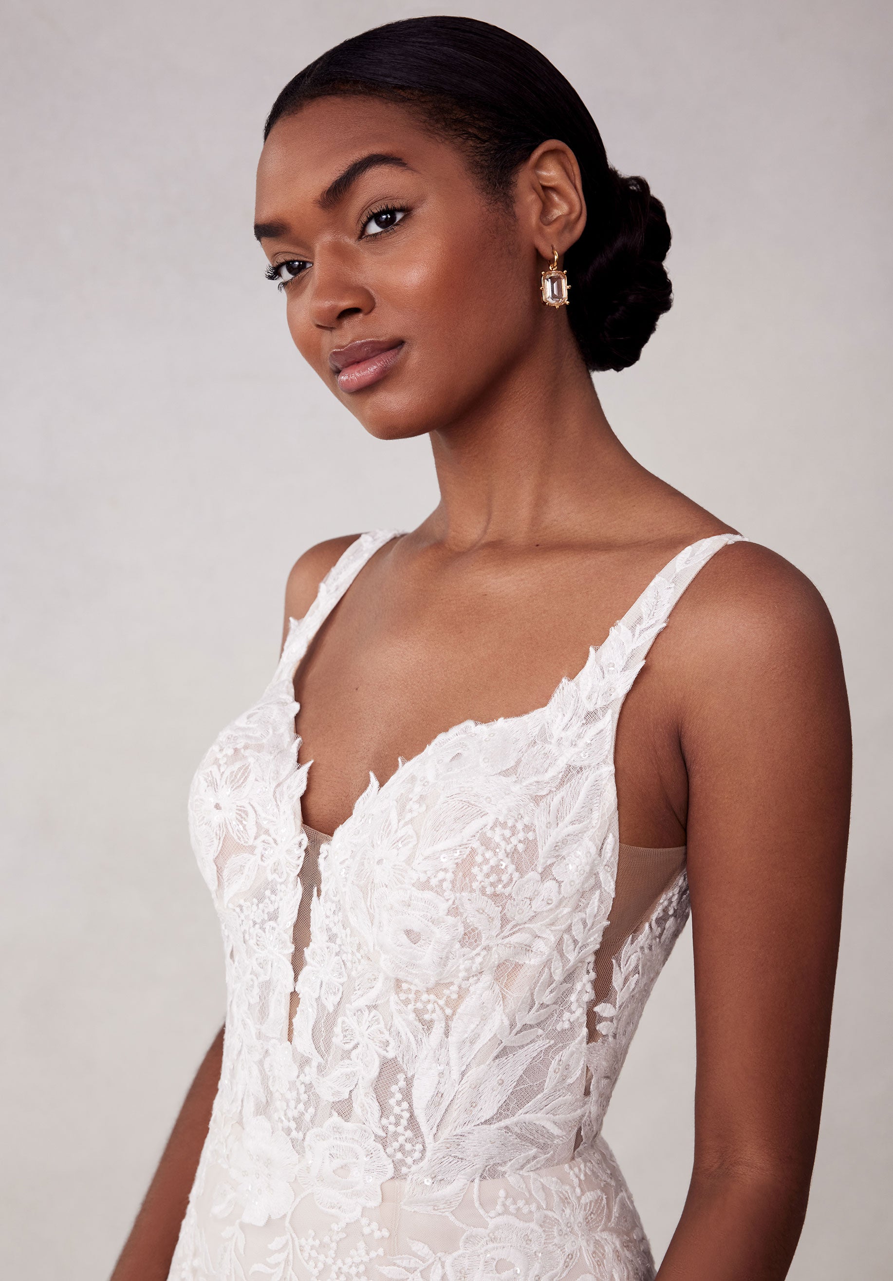 wedding dresses new york MGNY Madeline Gardner New York 2738 Simple Long Floral Lace Wedding Dress
