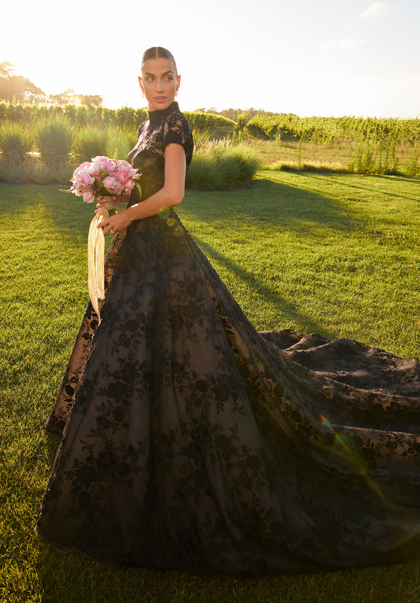 MGNY Madeline Gardner New York 2745 A Line Long Floral Lace Wedding Dress