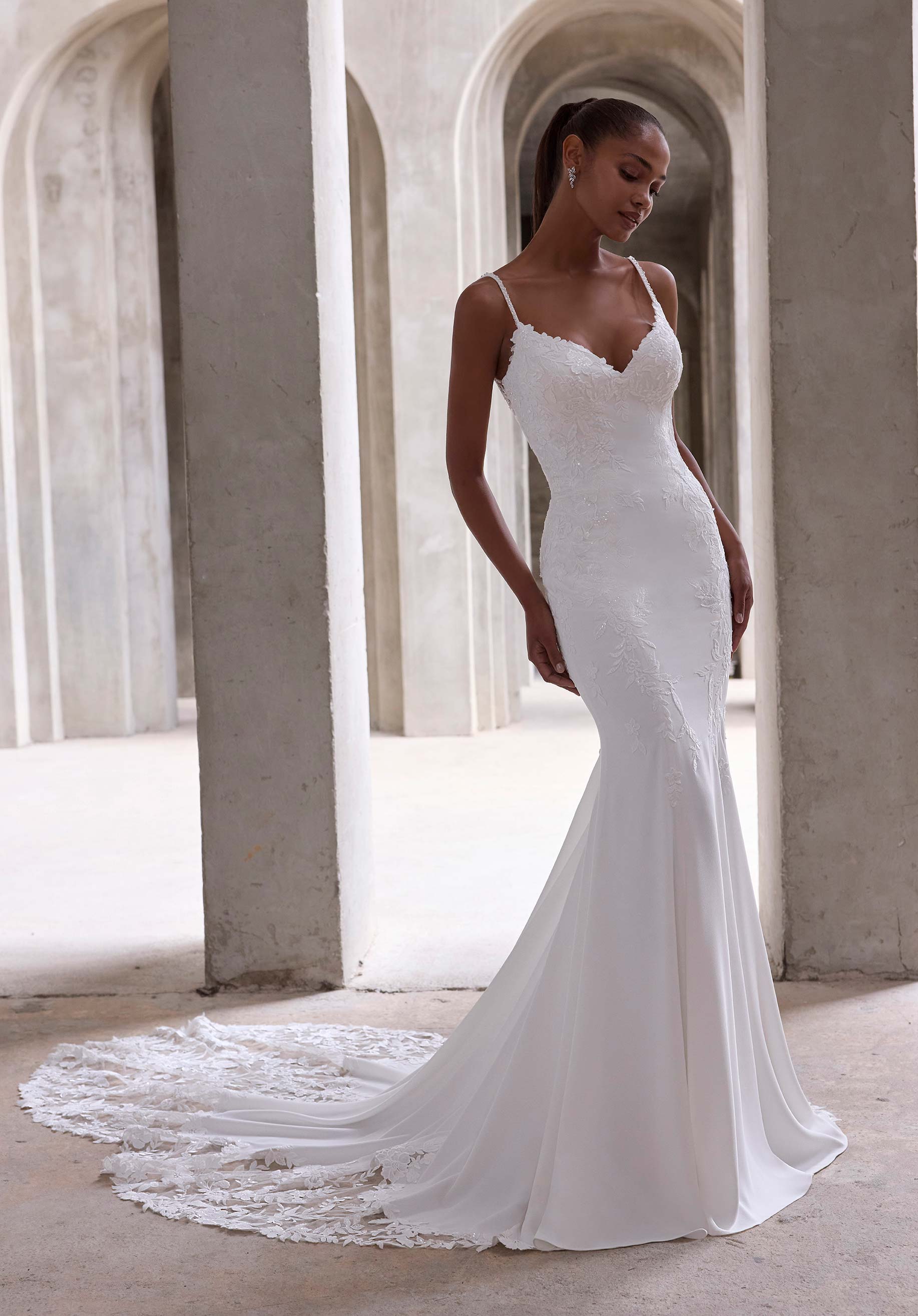 Wedding Dresses Long Bridal Fitted Wedding Lace Dress MGNY Madeline Gardner New York 2986 Ivory/Honey