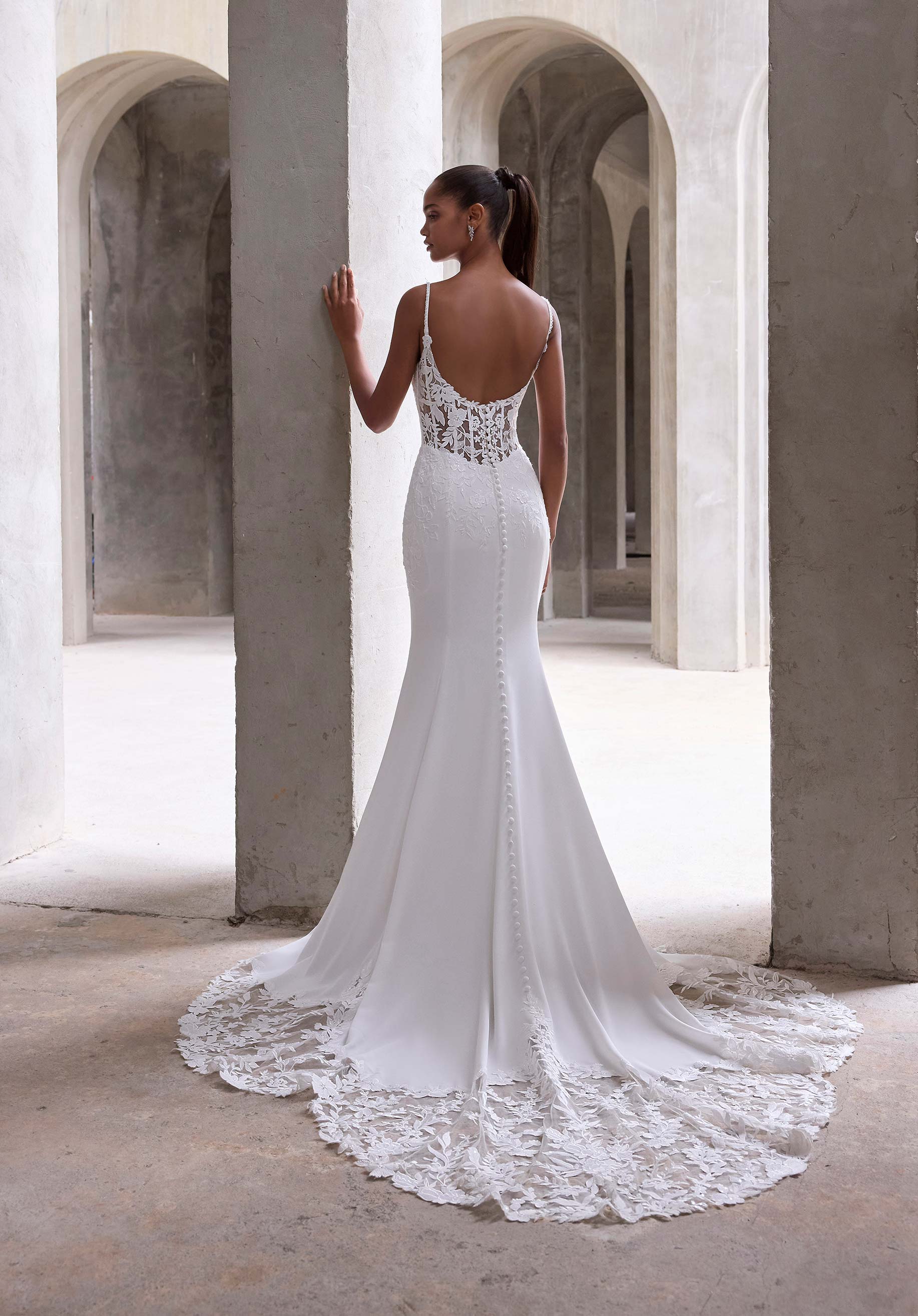 Wedding Dresses Long Bridal Fitted Wedding Lace Dress MGNY Madeline Gardner New York 2986 Ivory/Honey