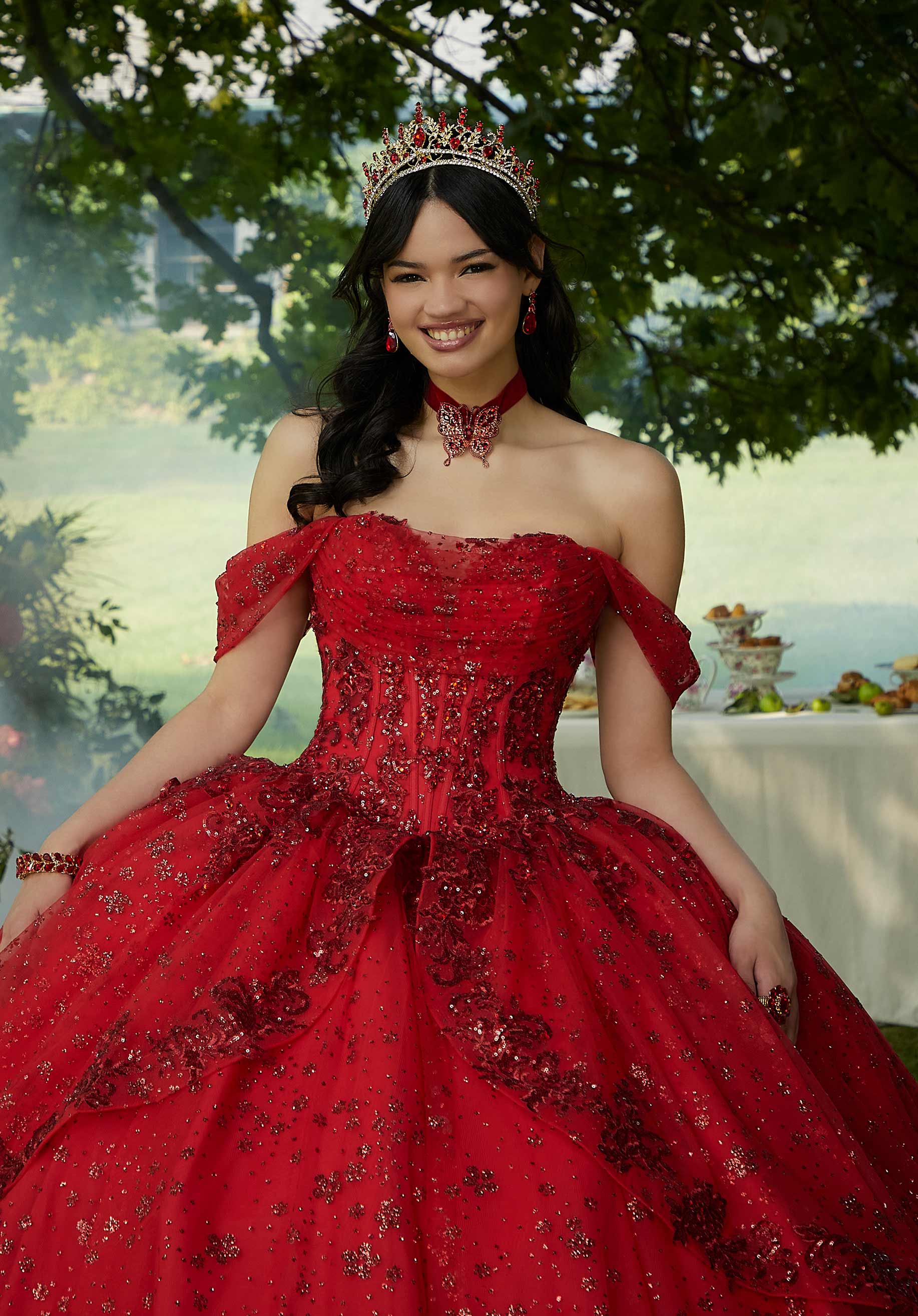 Off-the-Shoulder Floor-Length Tulle Quinceañera Ball Gown MGNY Madeline Gardner New York 34103