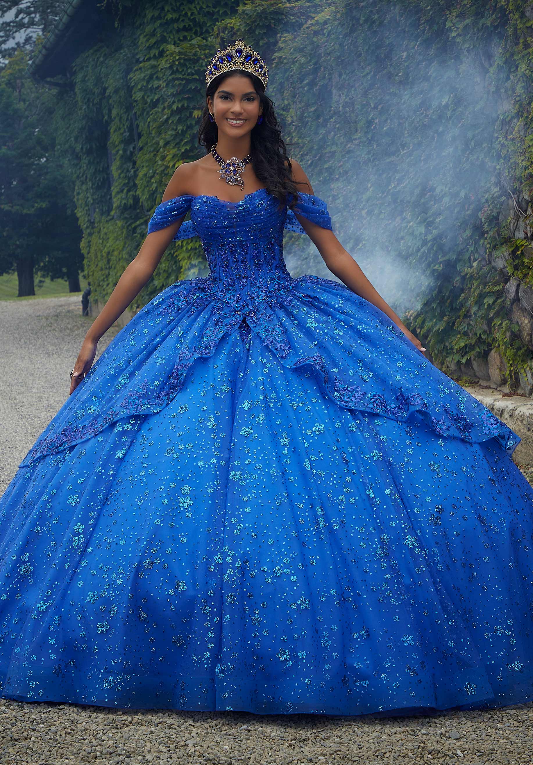 Off-the-Shoulder Floor-Length Tulle Quinceañera Ball Gown MGNY Madeline Gardner New York 34103