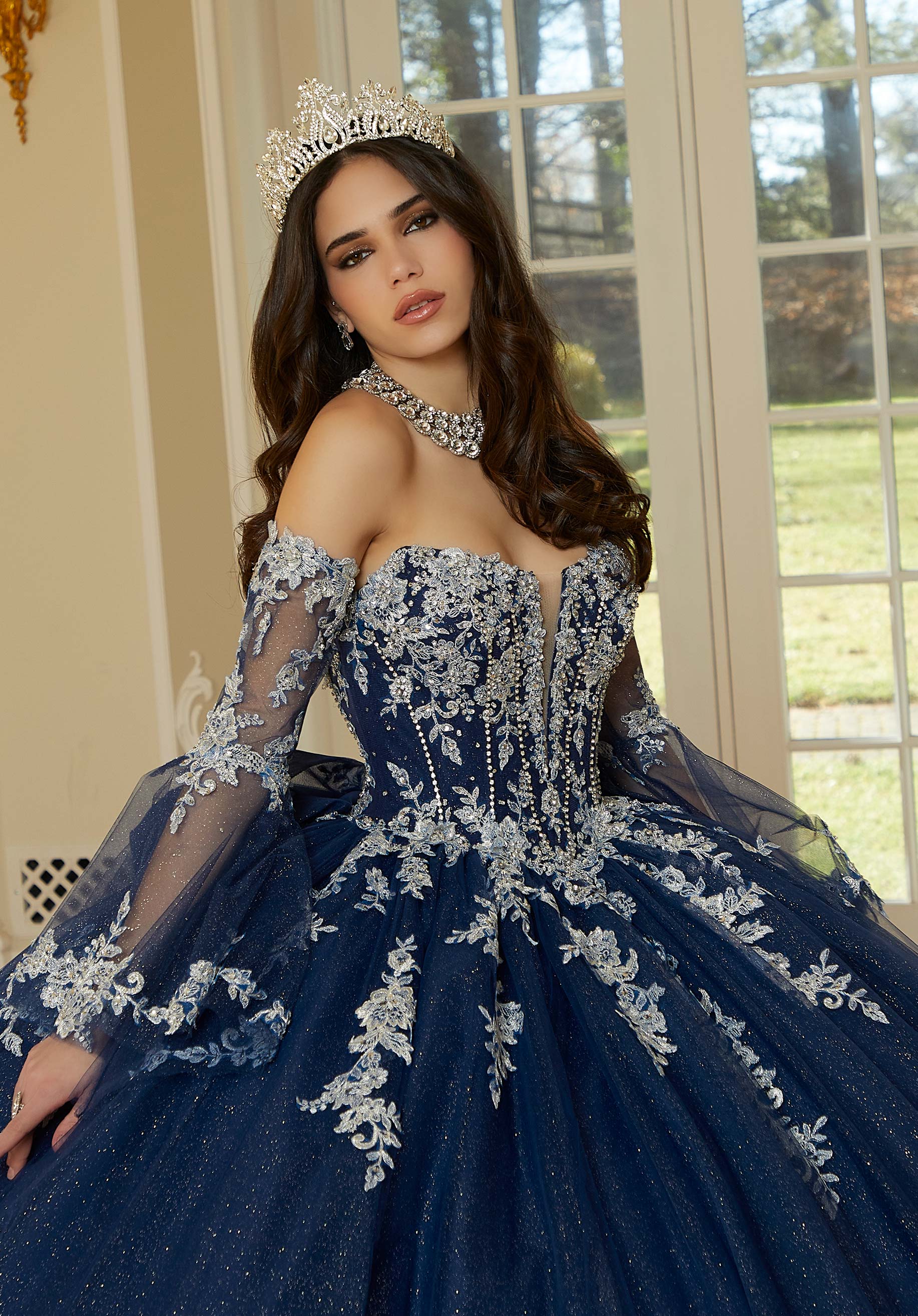 Strapless Curved Neck Floor-Length Tulle Quinceañera Ball Gown MGNY Madeline Gardner New York 34112