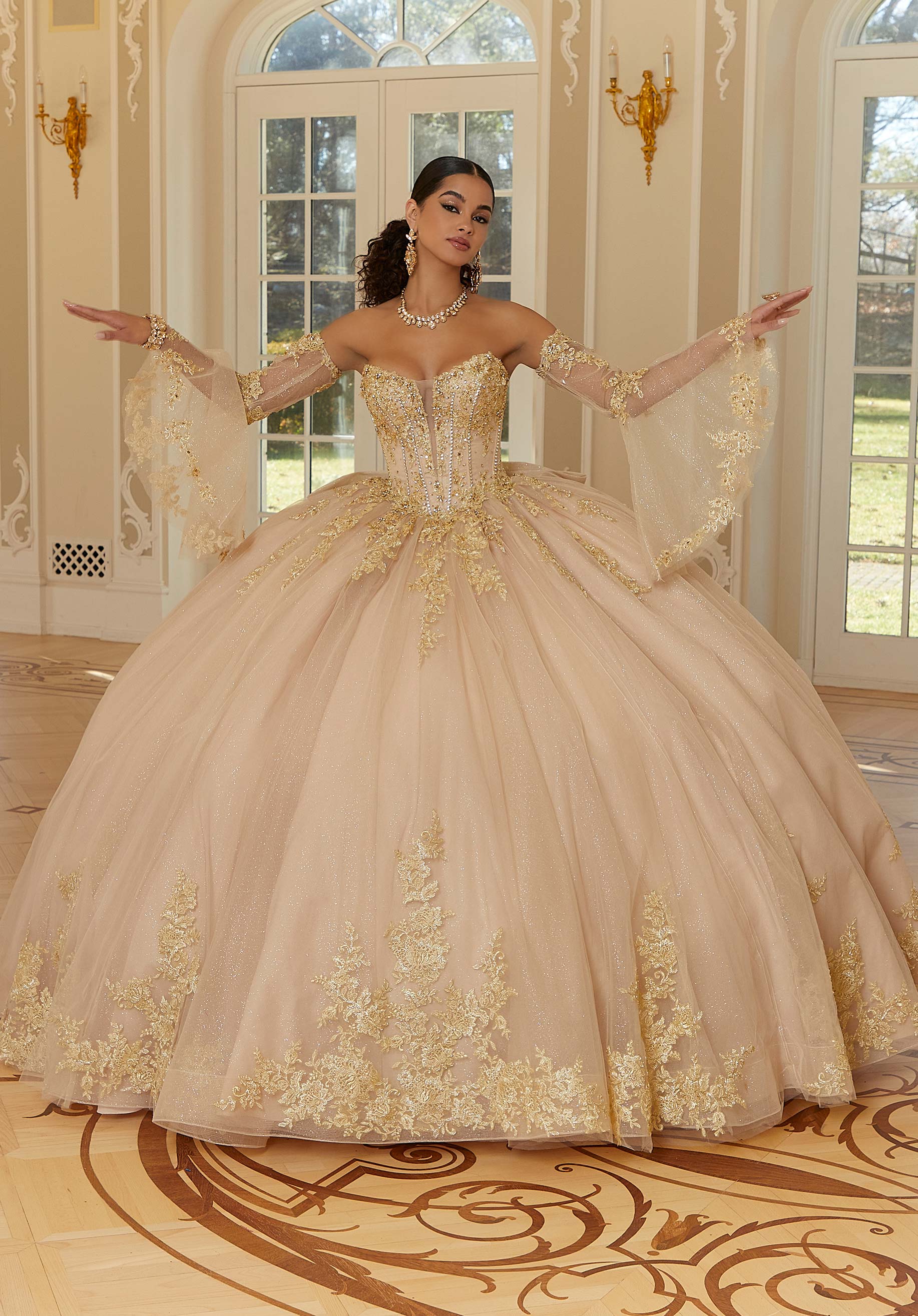 Strapless Curved Neck Floor-Length Tulle Quinceañera Ball Gown MGNY Madeline Gardner New York 34112