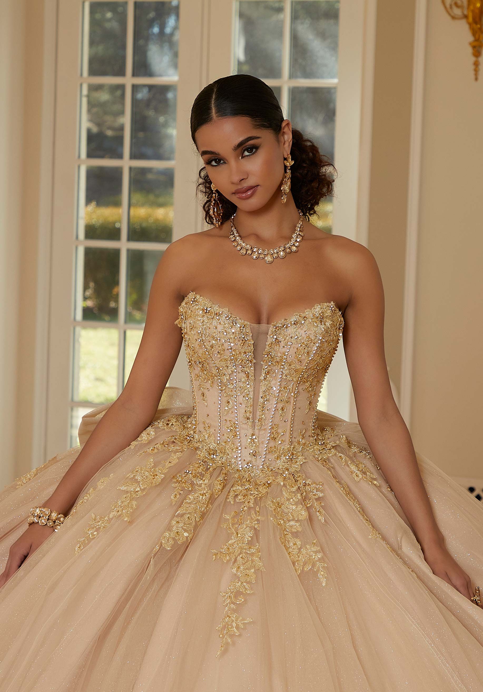 Strapless Curved Neck Floor-Length Tulle Quinceañera Ball Gown MGNY Madeline Gardner New York 34112