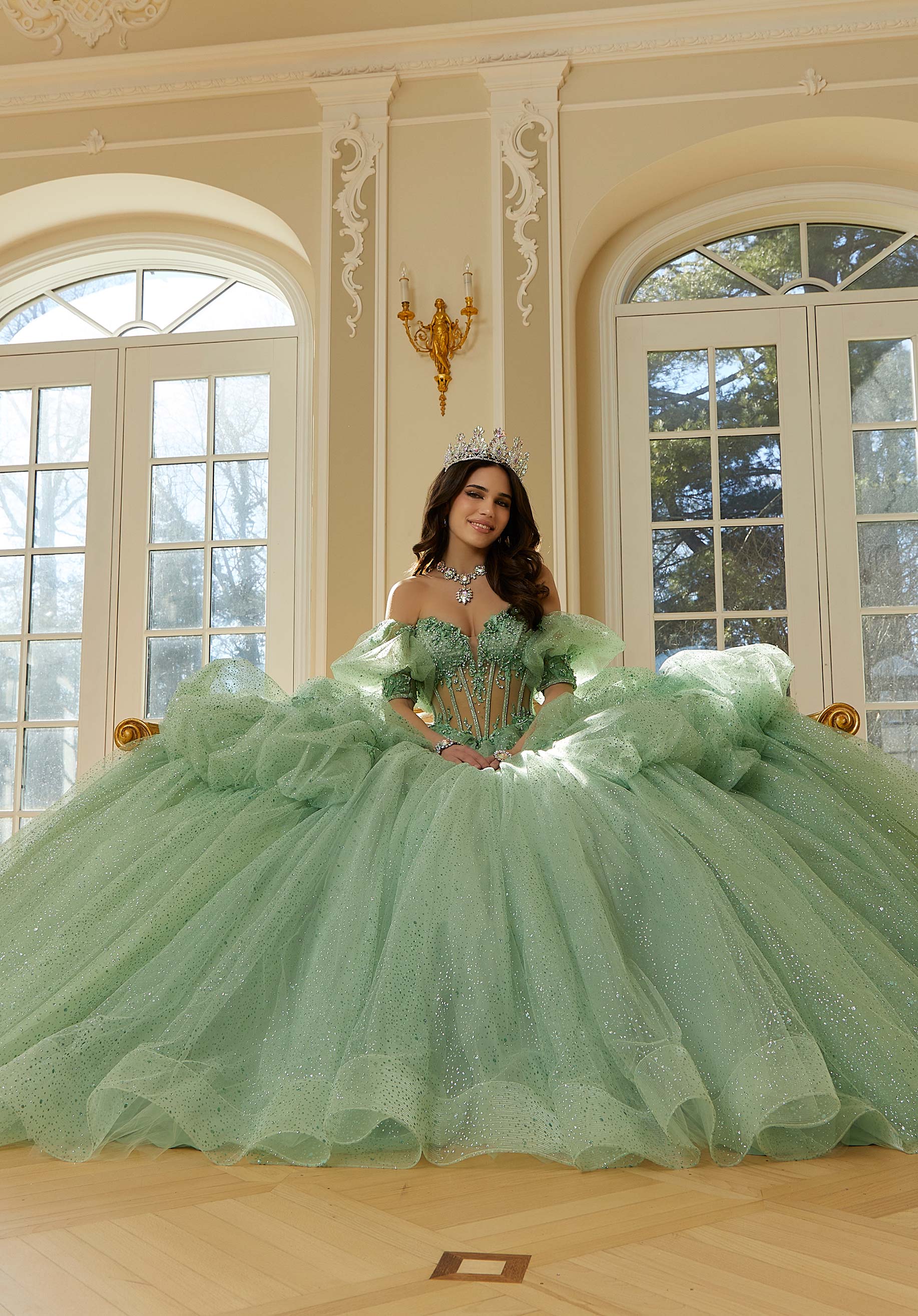 Off-the-Shoulder Floor-Length Tulle Quinceañera Ball Gown MGNY Madeline Gardner New York 34113