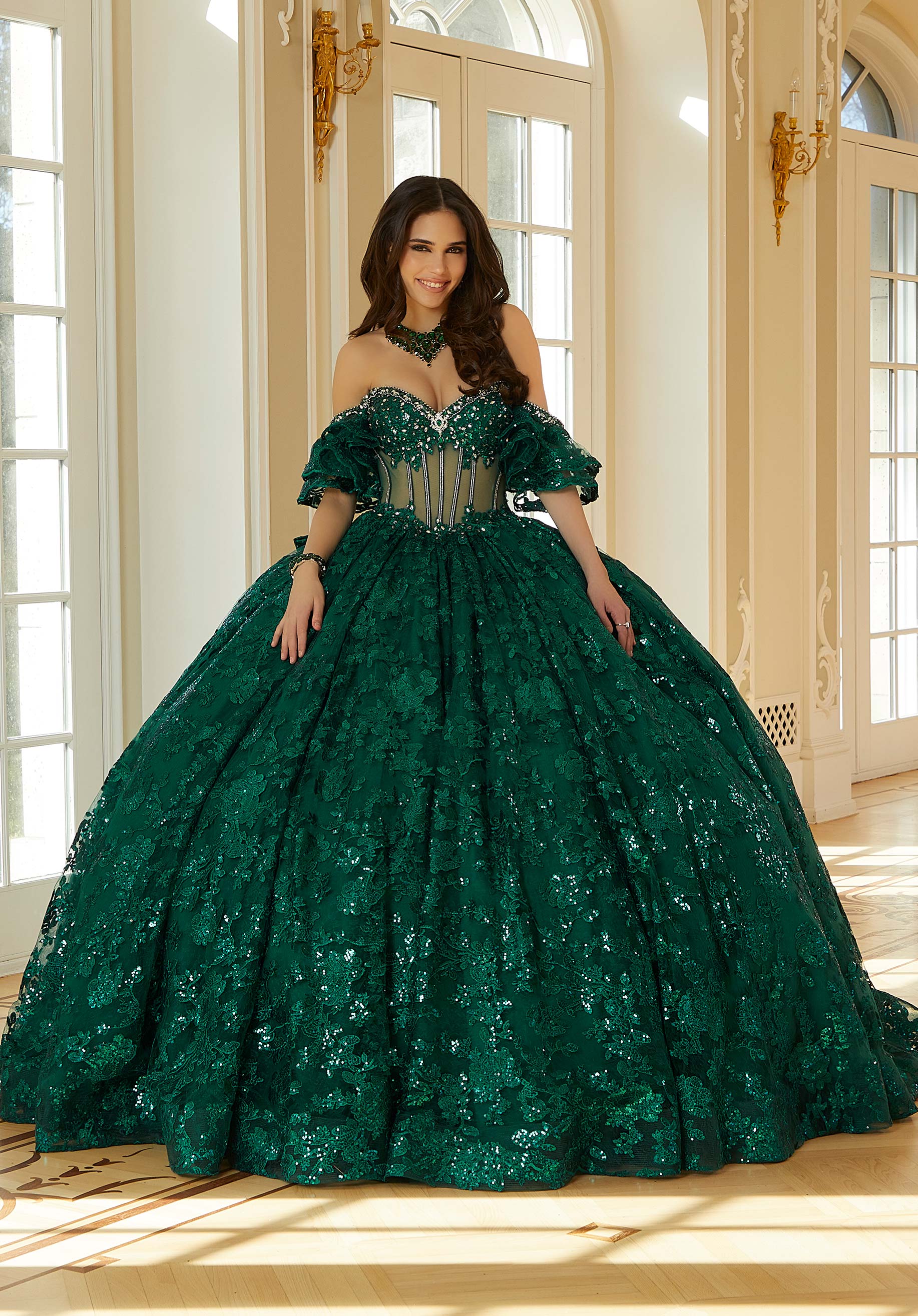 Off-the-Shoulder Floor-Length Lace Quinceañera Ball Gown MGNY Madeline Gardner New York 34114