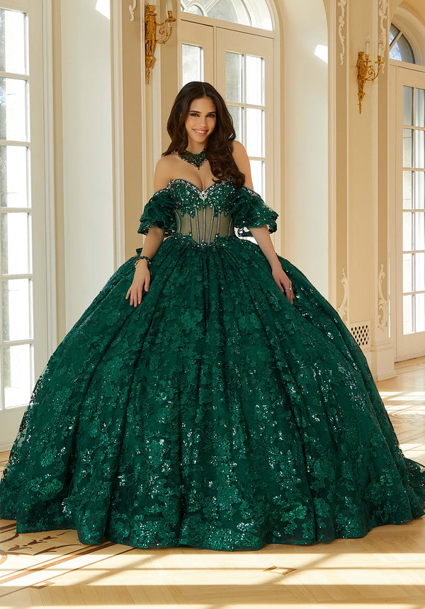 Off-the-Shoulder Floor-Length Lace Quinceañera Ball Gown MGNY Madeline Gardner New York 34114