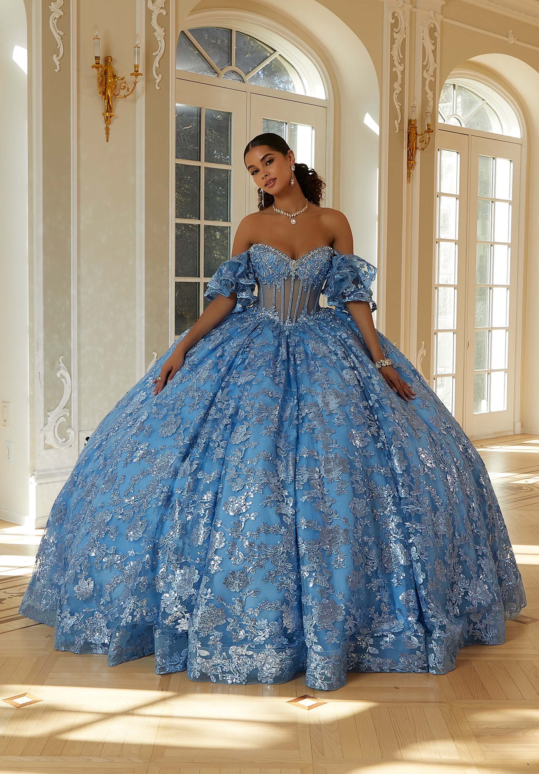 Off-the-Shoulder Floor-Length Lace Quinceañera Ball Gown MGNY Madeline Gardner New York 34114
