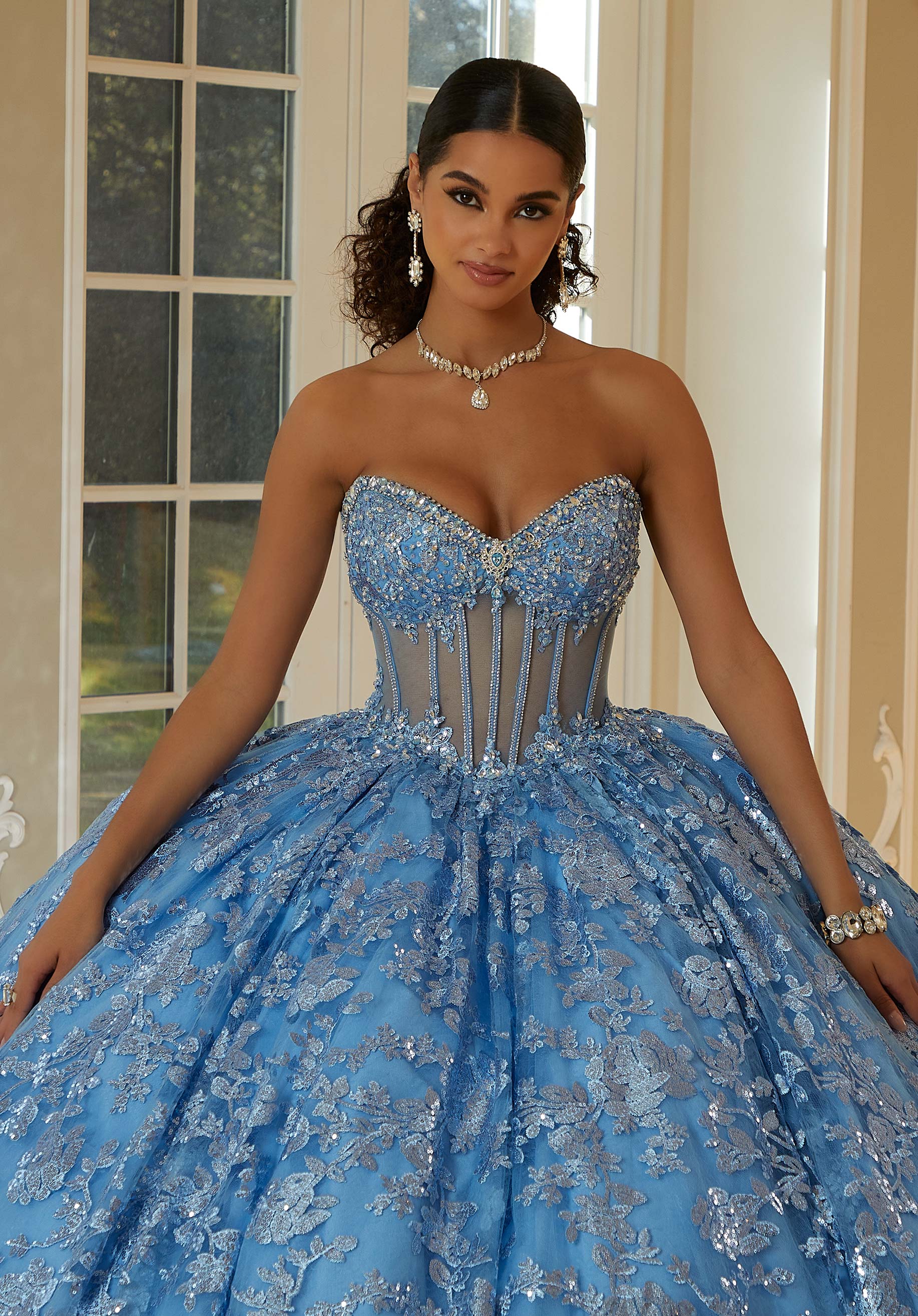 Off-the-Shoulder Floor-Length Lace Quinceañera Ball Gown MGNY Madeline Gardner New York 34114