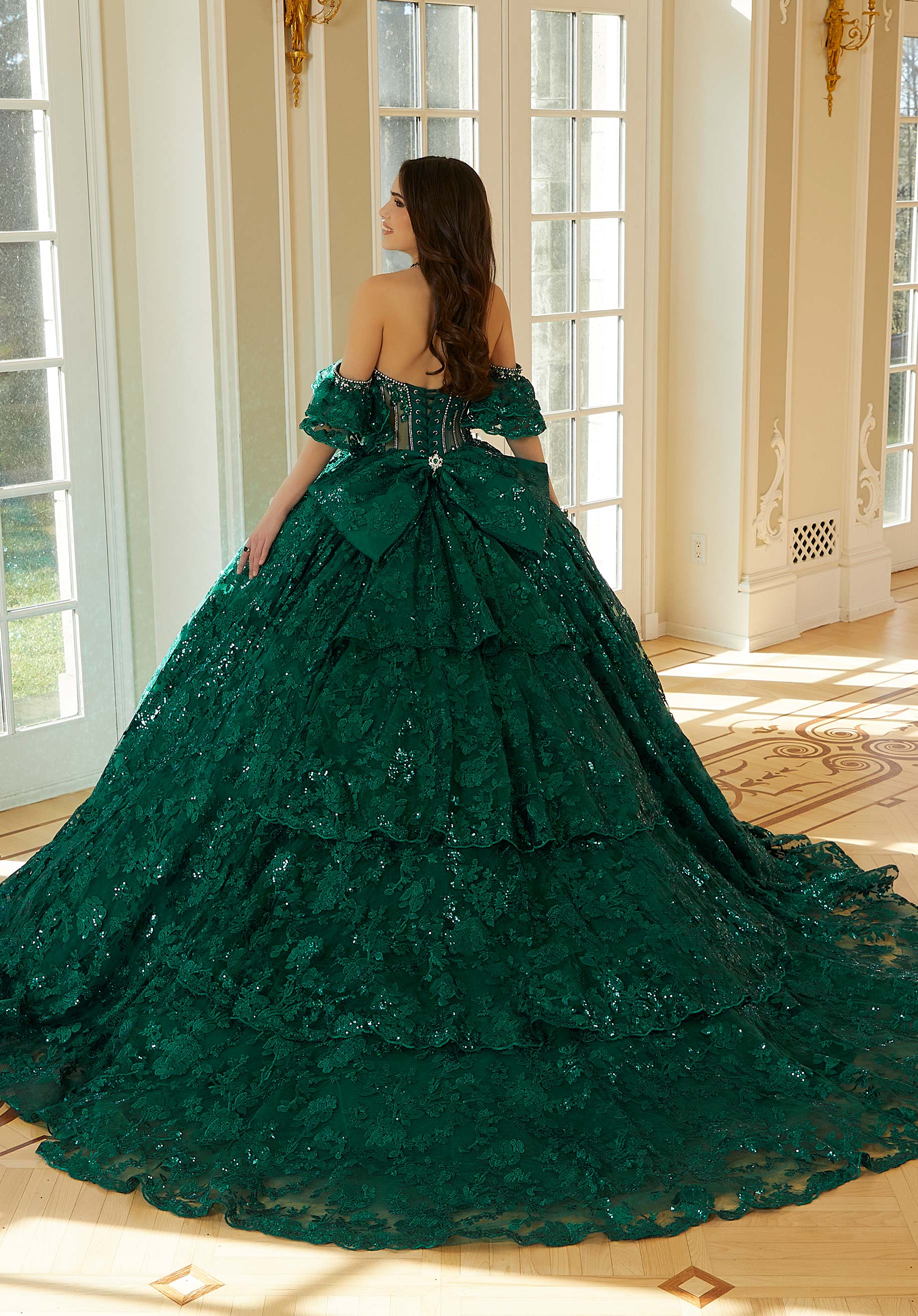 Off-the-Shoulder Floor-Length Lace Quinceañera Ball Gown MGNY Madeline Gardner New York 34114
