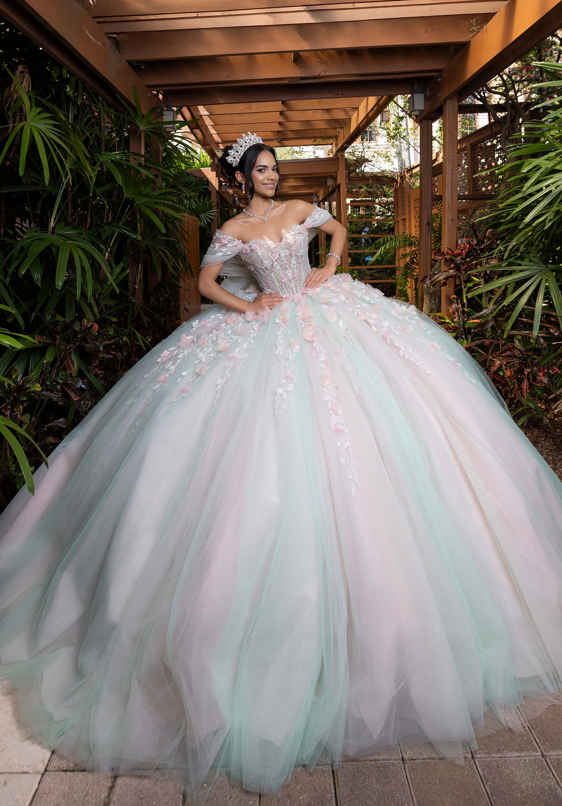 Off-the-Shoulder Floor-Length Tulle Quinceañera Ball Gown MGNY Madeline Gardner New York 4080001