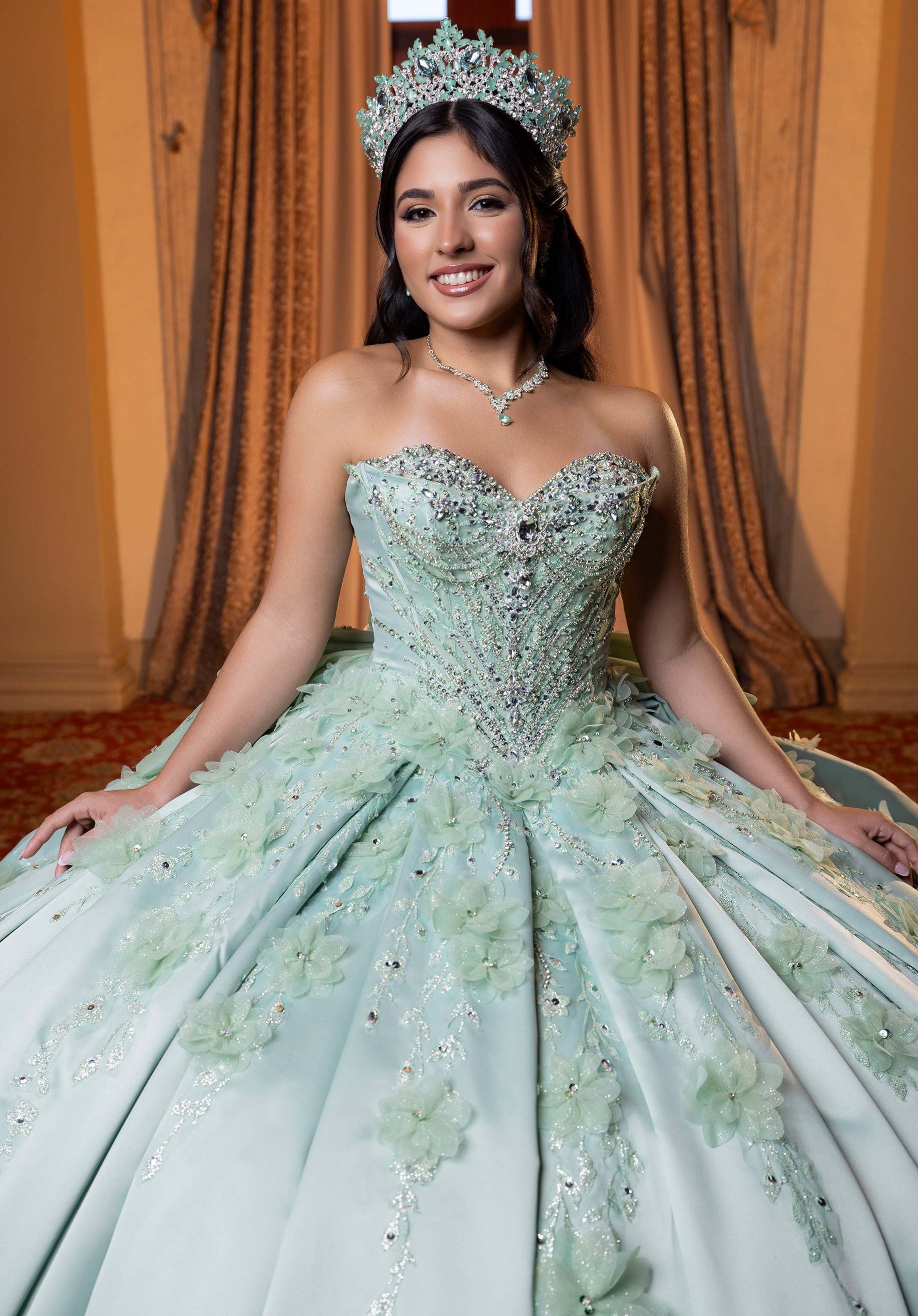 Strapless Curved Neck Floor-Length Satin Quinceañera Ball Gown MGNY Madeline Gardner New York 4080006
