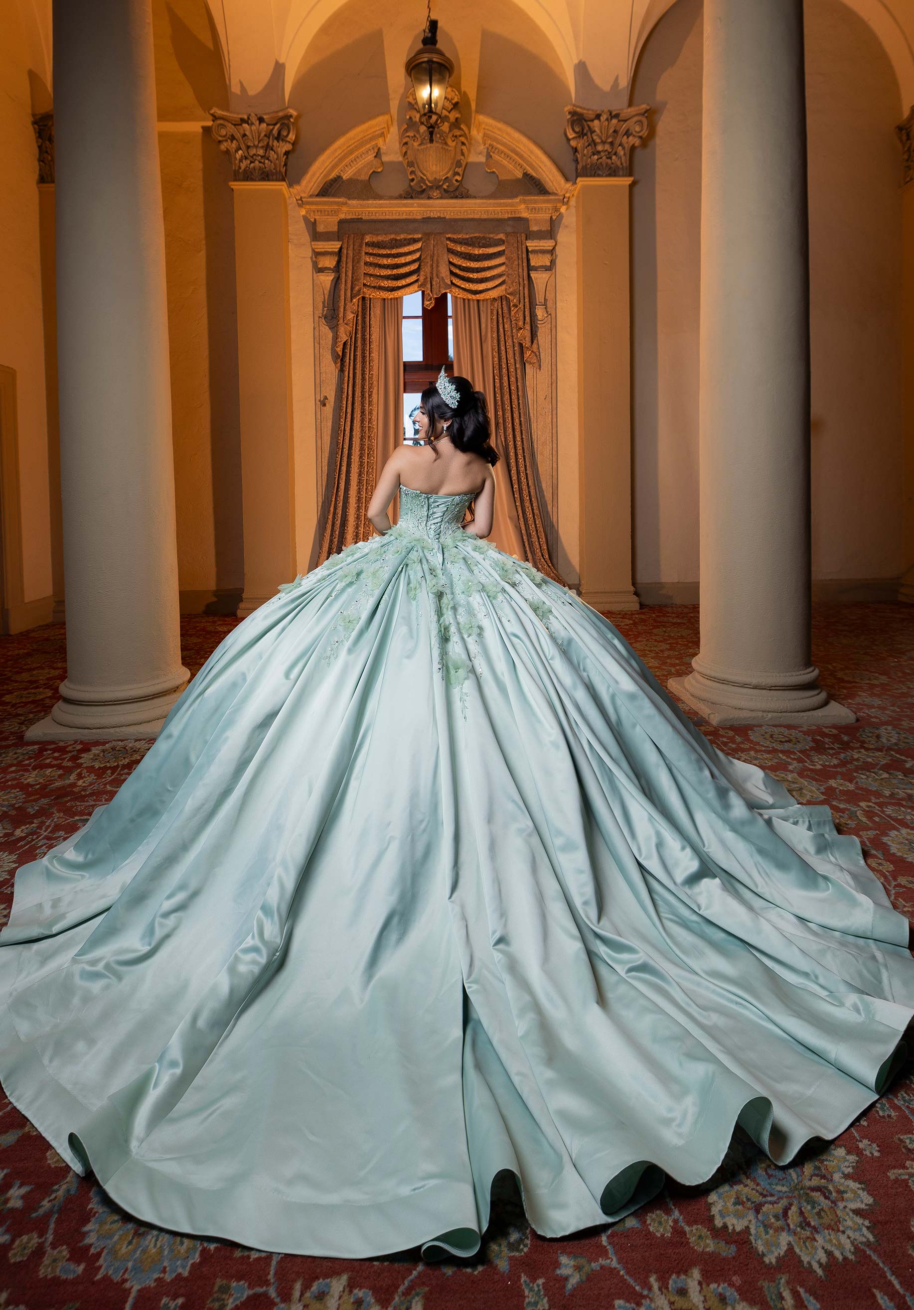 Strapless Curved Neck Floor-Length Satin Quinceañera Ball Gown MGNY Madeline Gardner New York 4080006