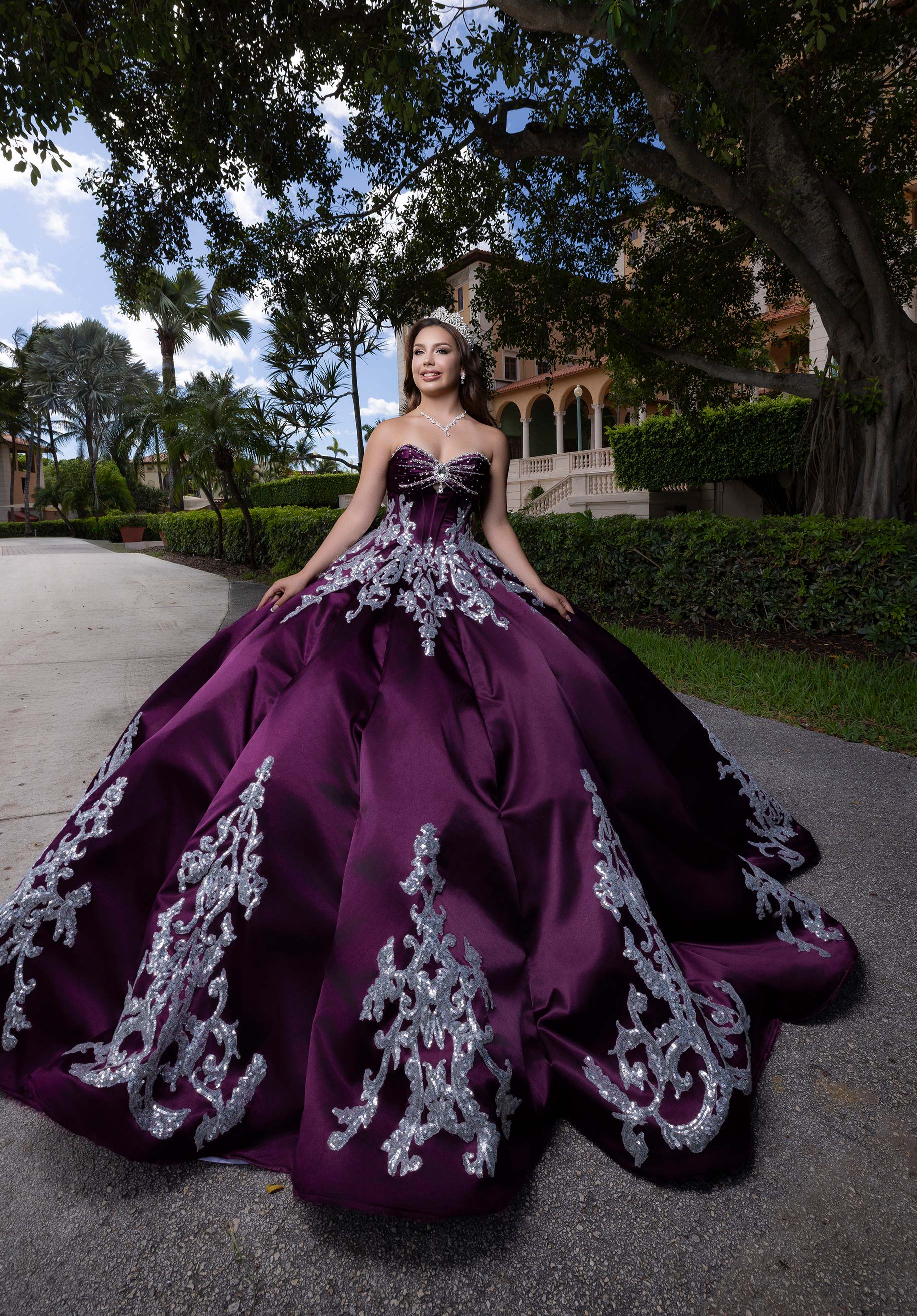 Strapless Curved Neck Floor-Length Satin Quinceañera Ball Gown MGNY Madeline Gardner New York 4080009