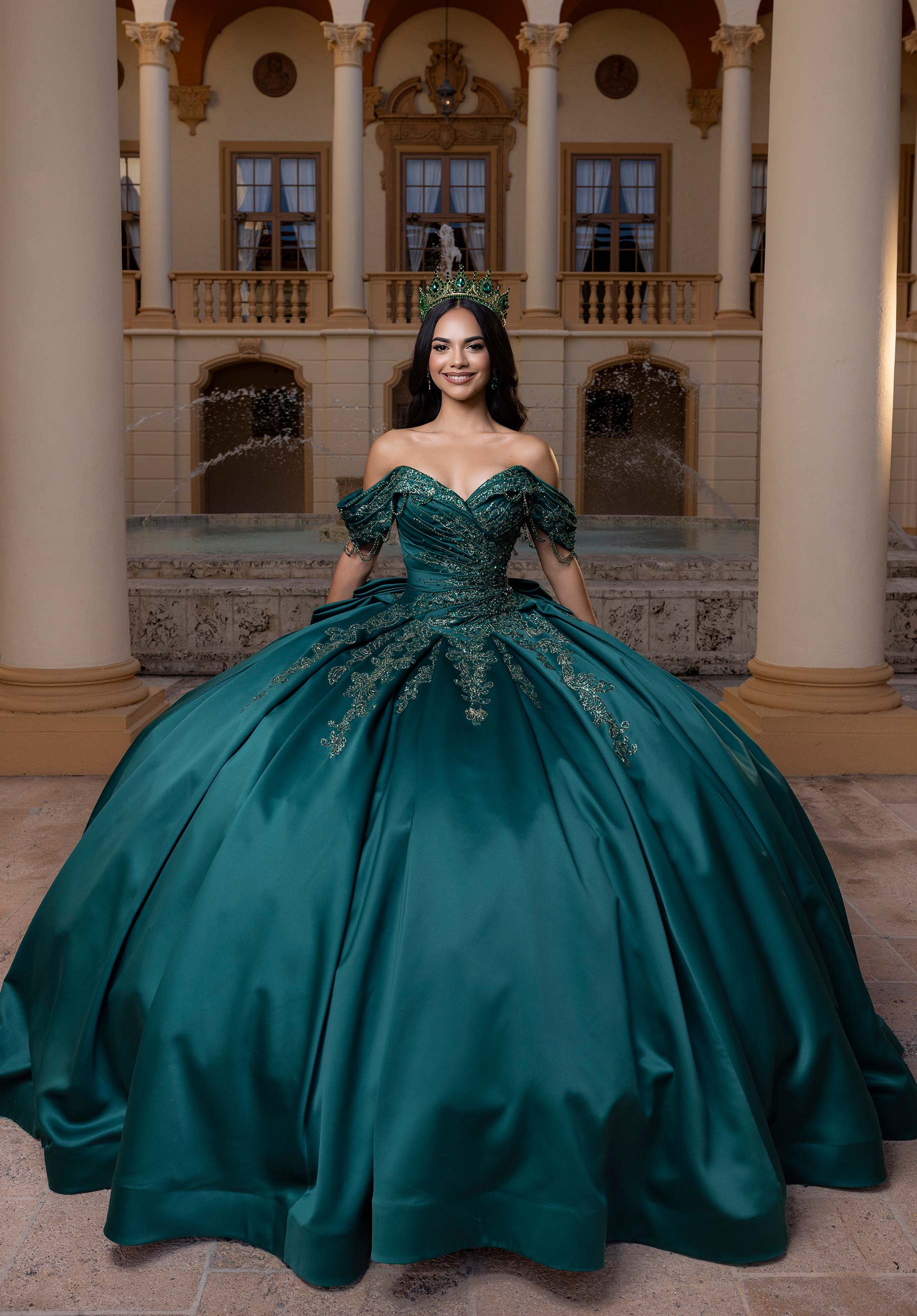 Off-the-Shoulder Floor-Length Satin Quinceañera Ball Gown MGNY Madeline Gardner New York 4080011