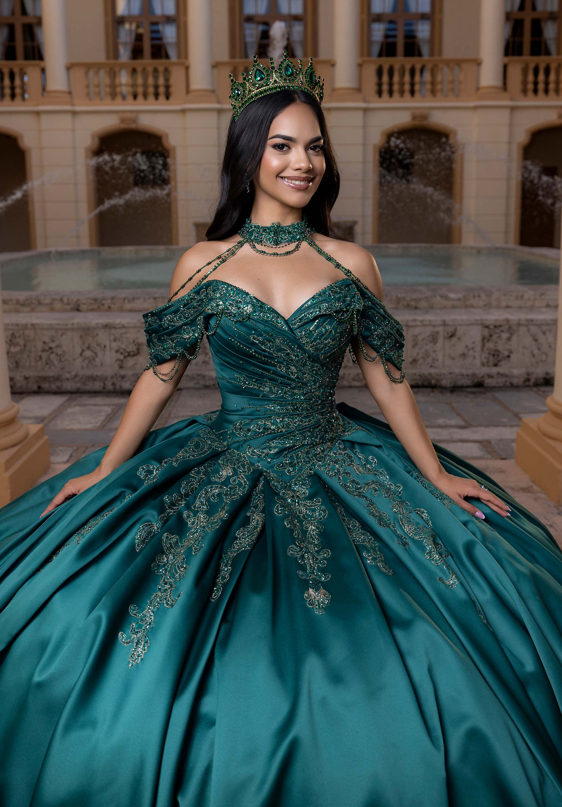 Off-the-Shoulder Floor-Length Satin Quinceañera Ball Gown MGNY Madeline Gardner New York 4080011