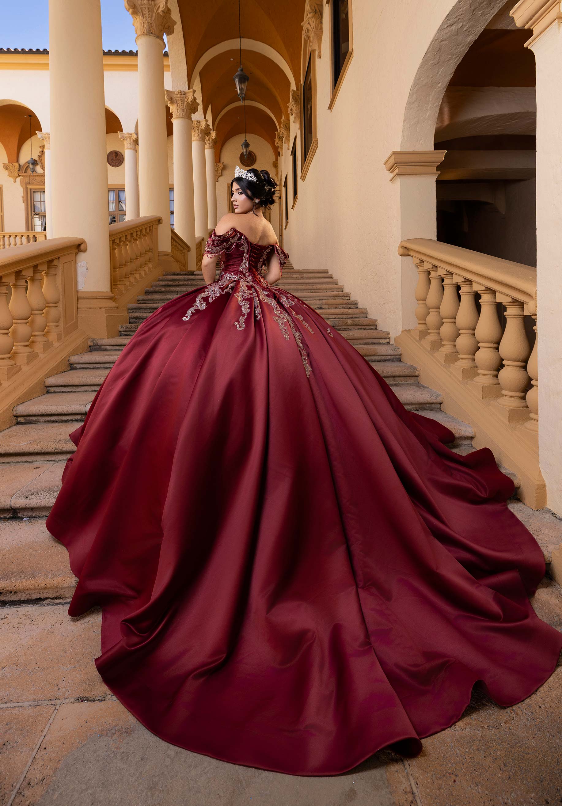 Off-the-Shoulder Floor-Length Satin Quinceañera Ball Gown MGNY Madeline Gardner New York 4080011