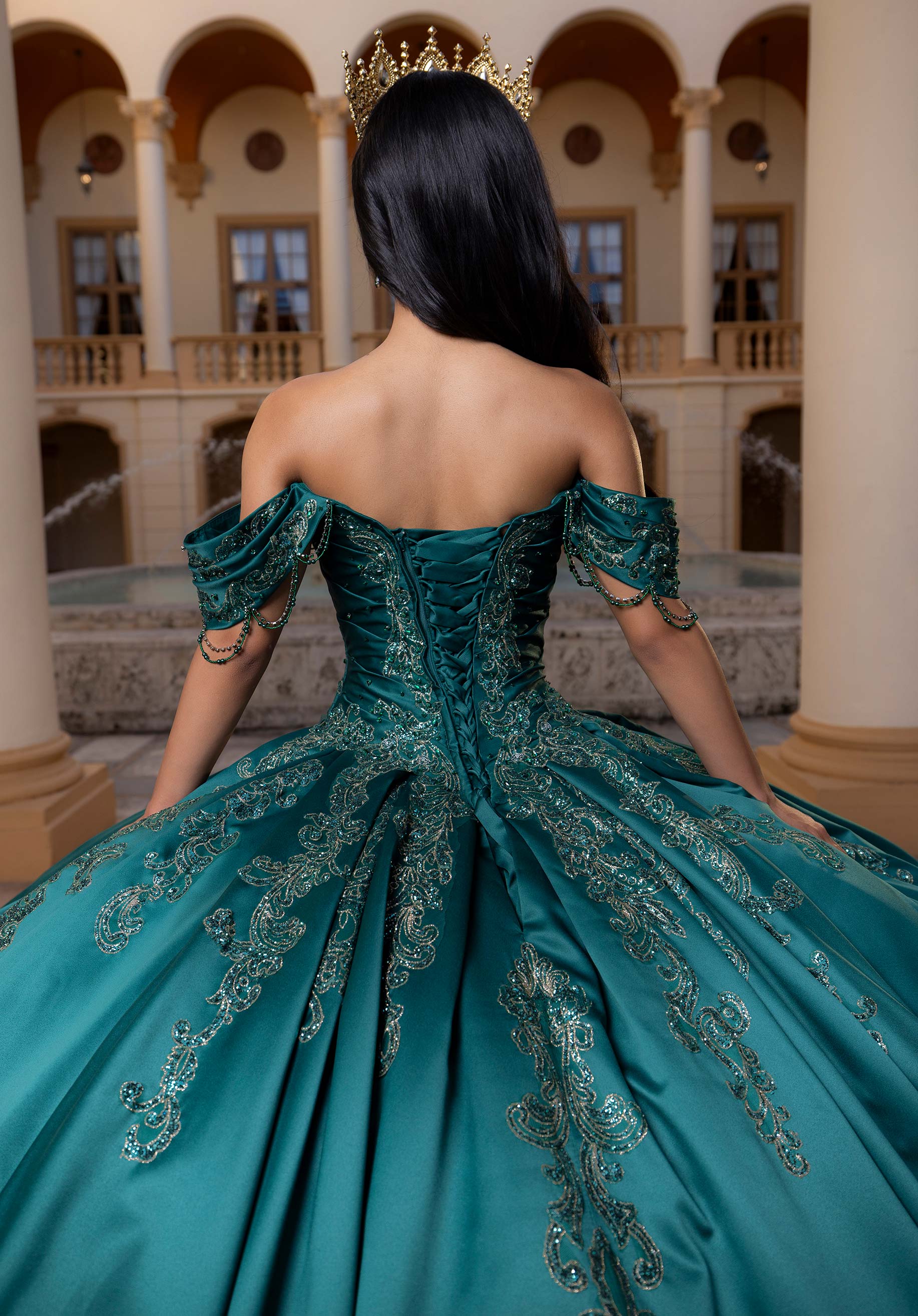Off-the-Shoulder Floor-Length Satin Quinceañera Ball Gown MGNY Madeline Gardner New York 4080011