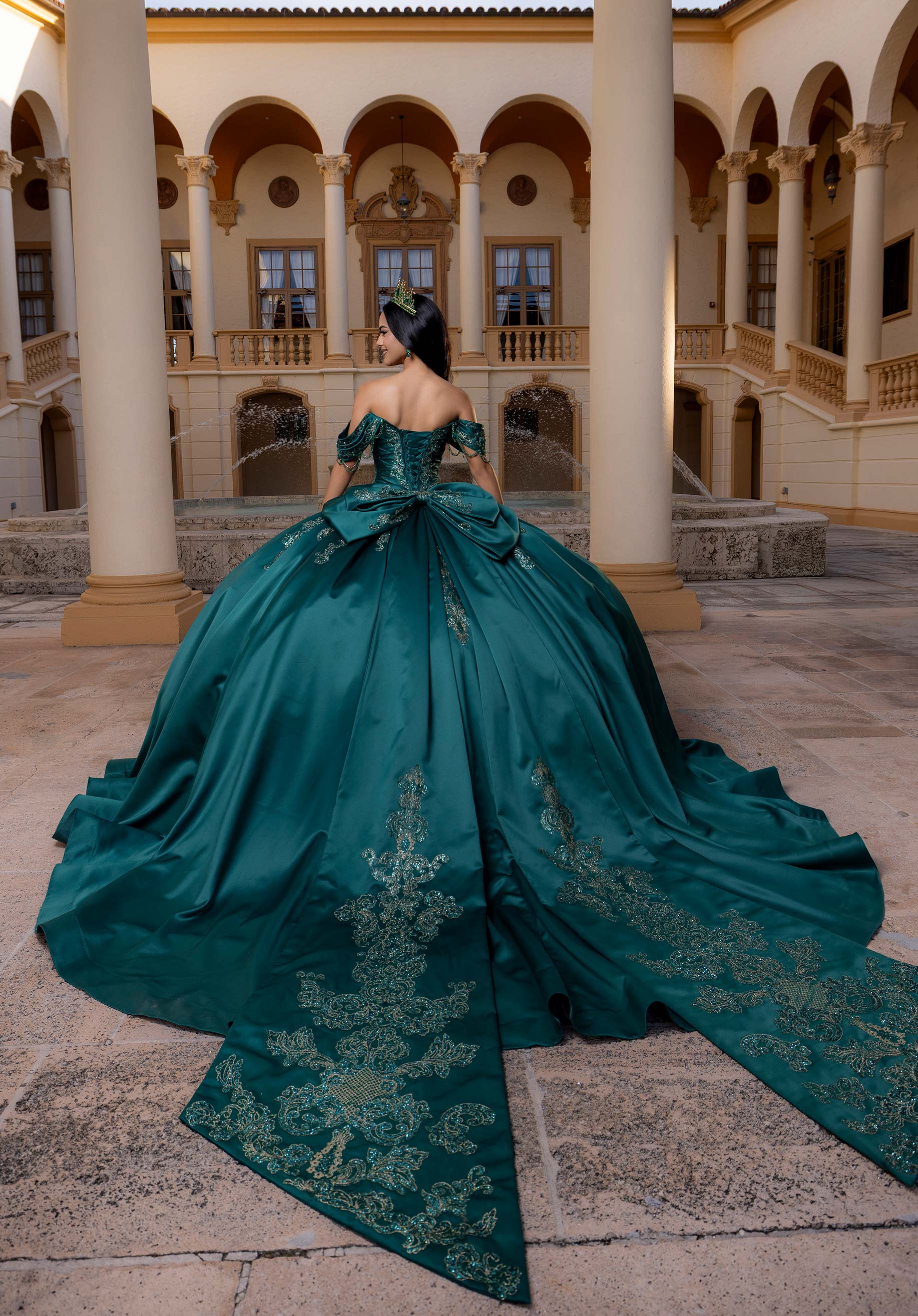 Off-the-Shoulder Floor-Length Satin Quinceañera Ball Gown MGNY Madeline Gardner New York 4080011