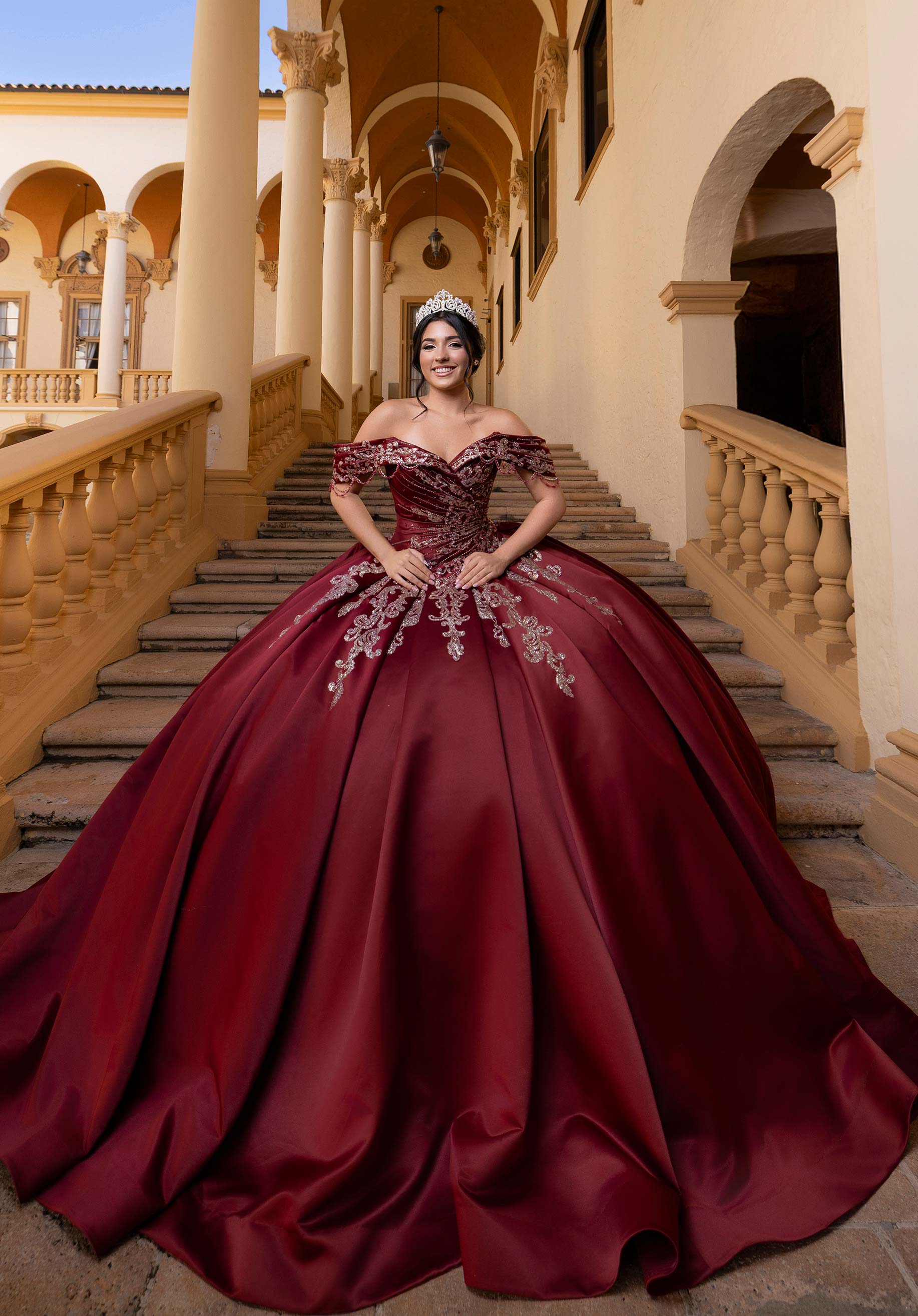 Off-the-Shoulder Floor-Length Satin Quinceañera Ball Gown MGNY Madeline Gardner New York 4080011