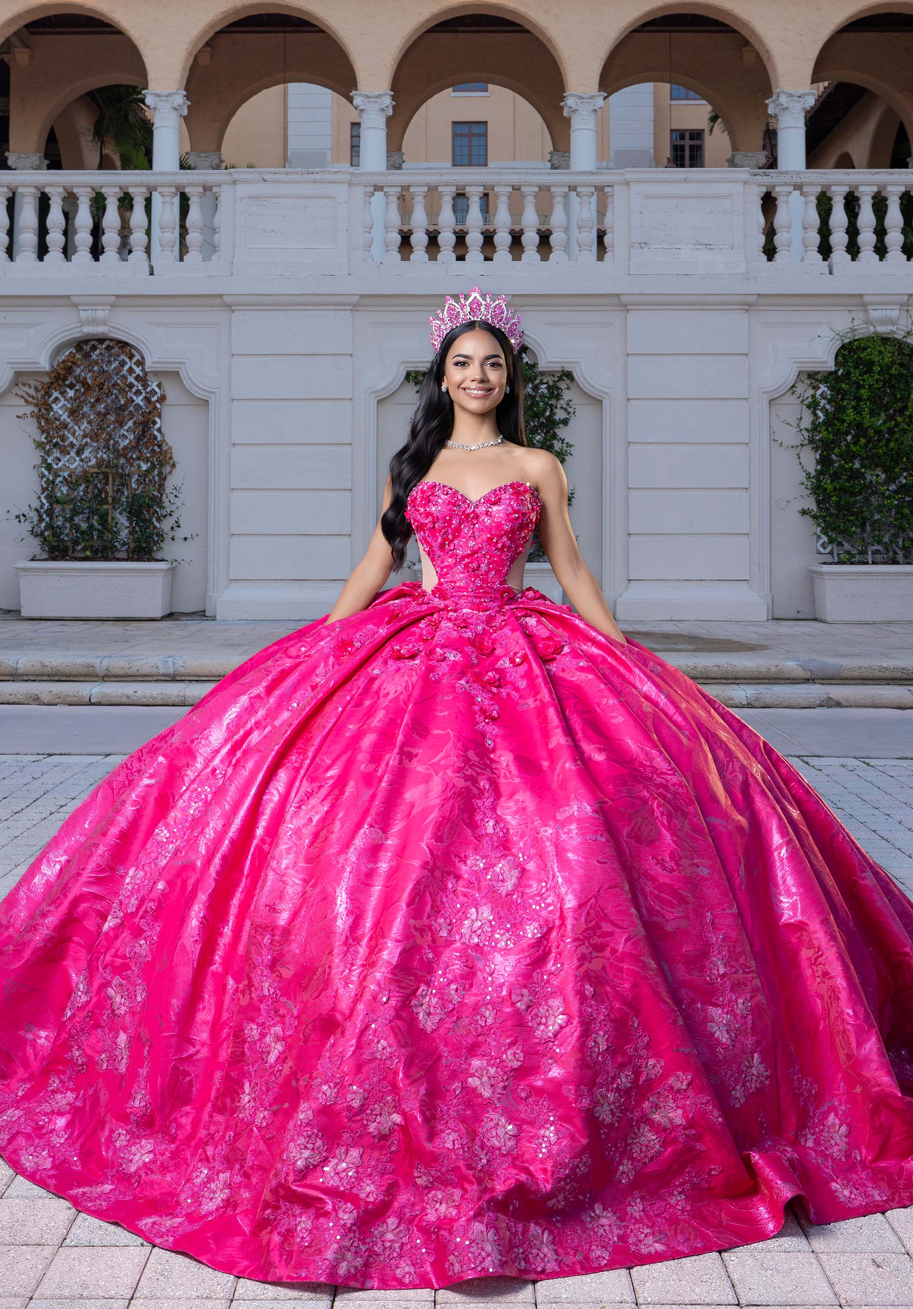 Strapless Curved Neck Floor-Length Satin Quinceañera Ball Gown MGNY Madeline Gardner New York 4080031