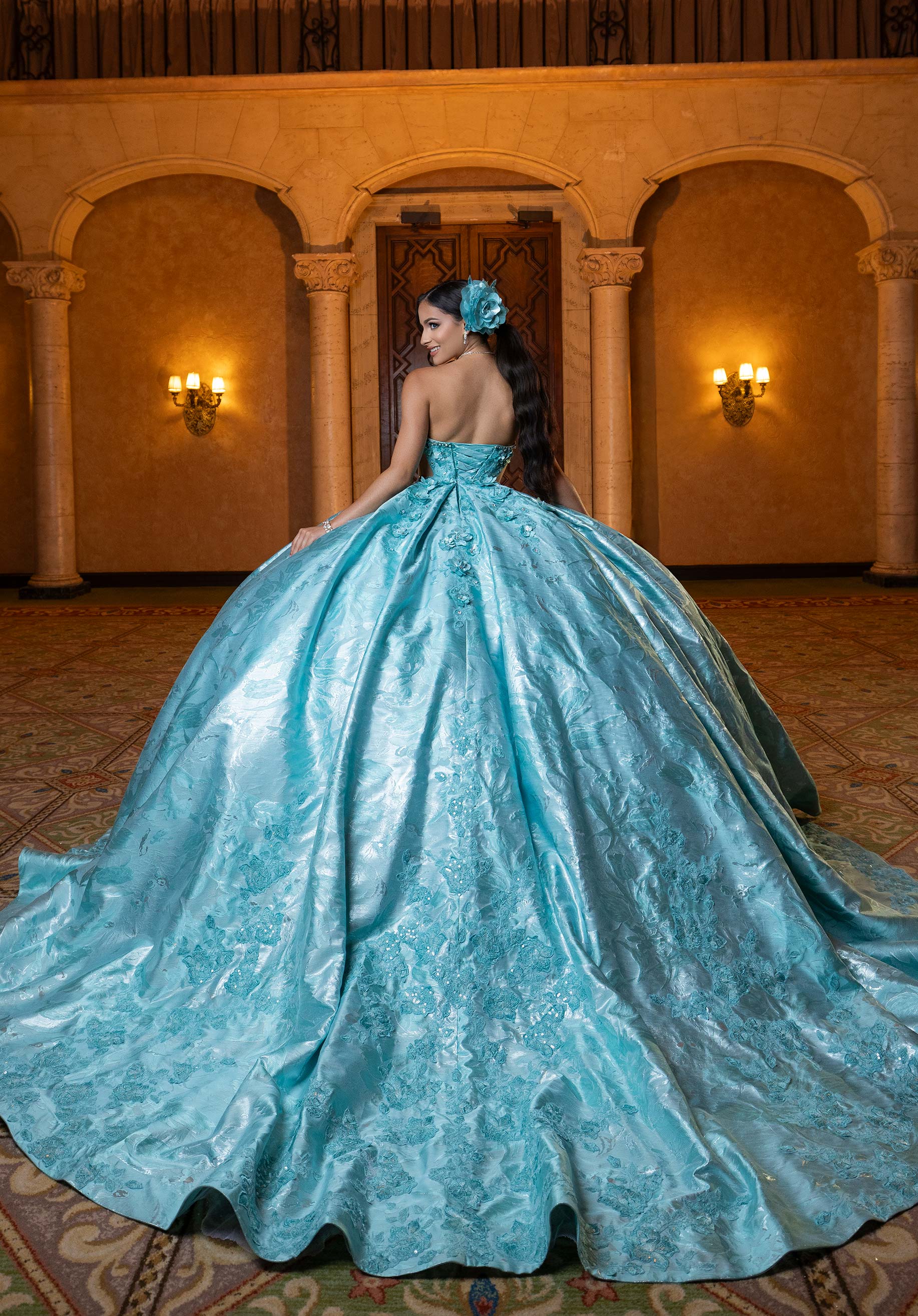 Strapless Curved Neck Floor-Length Satin Quinceañera Ball Gown MGNY Madeline Gardner New York 4080031