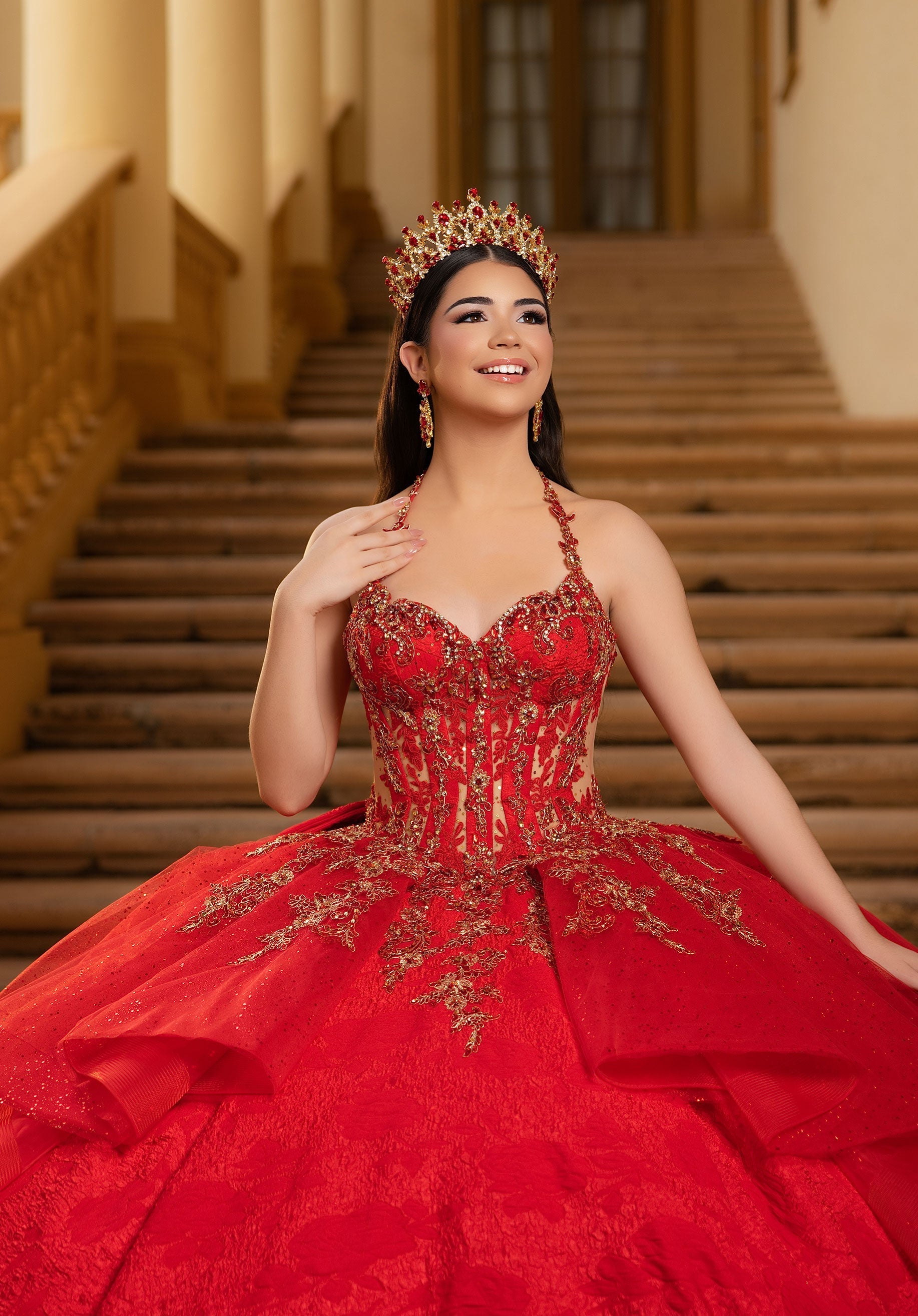 Strapless Curved Neck Floor-Length Lace Quinceanera Ball Gown MGNY 4080054