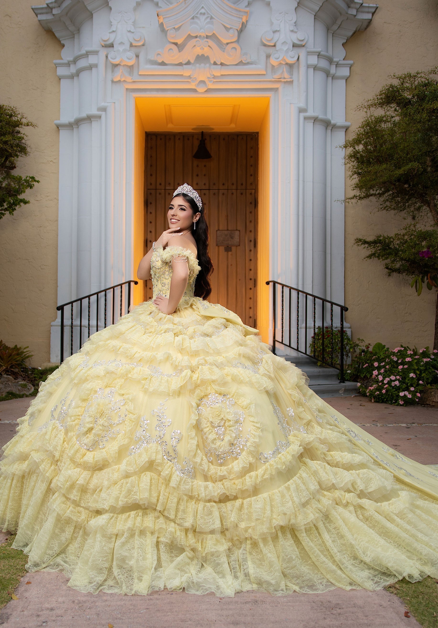 Off-the-Shoulder Floor-Length Lace Quinceanera Ball Gown MGNY 4080058