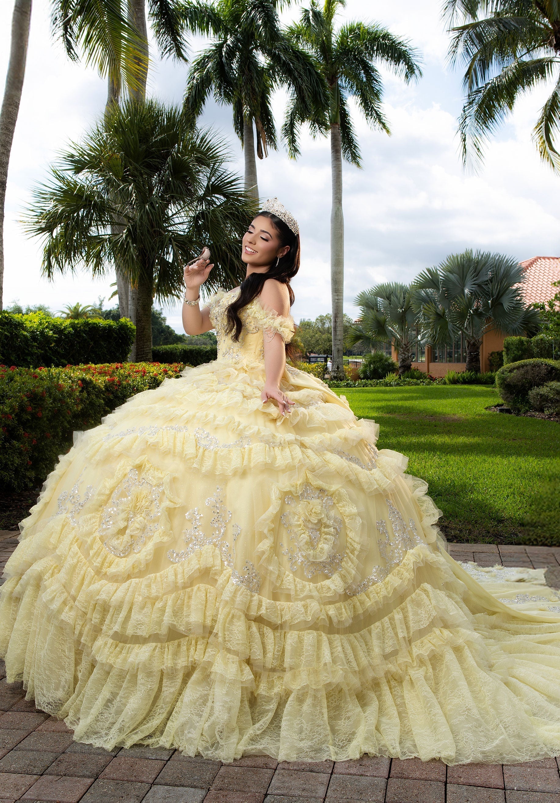 Off-the-Shoulder Floor-Length Lace Quinceanera Ball Gown MGNY 4080058