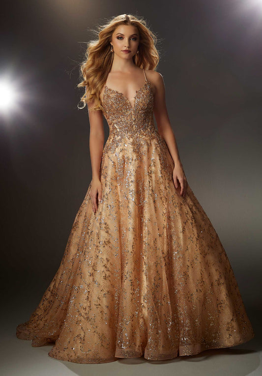 Prom Dresses Beaded Long Ball Gown Lace Prom Dress Gold