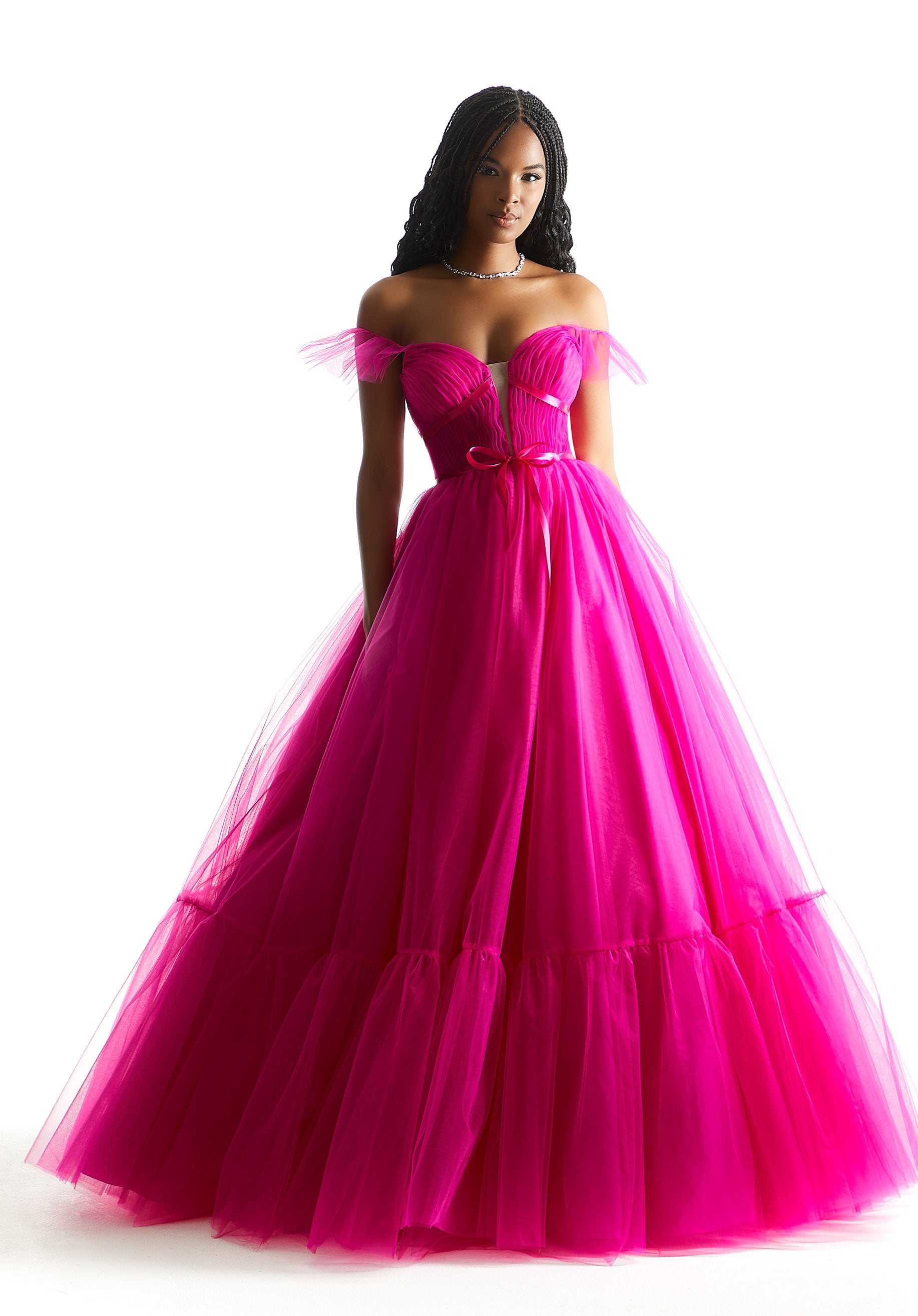 Off-Shoulder Full Ball Skirt Lace-Up Back Open Back Tulle Gown 49022 by Mori Lee 2 / Fuchsia