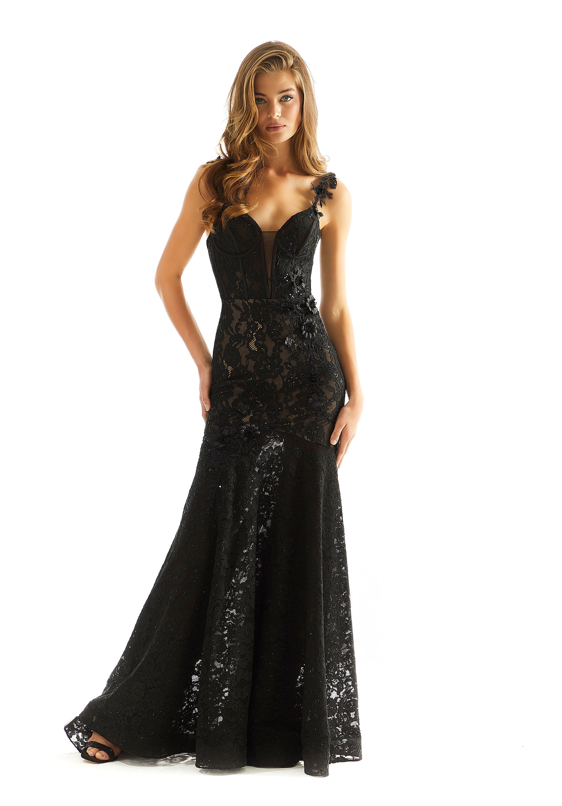 Prom Dresses Formal Long Mermaid Beaded Lace Prom Dress Black/Nude