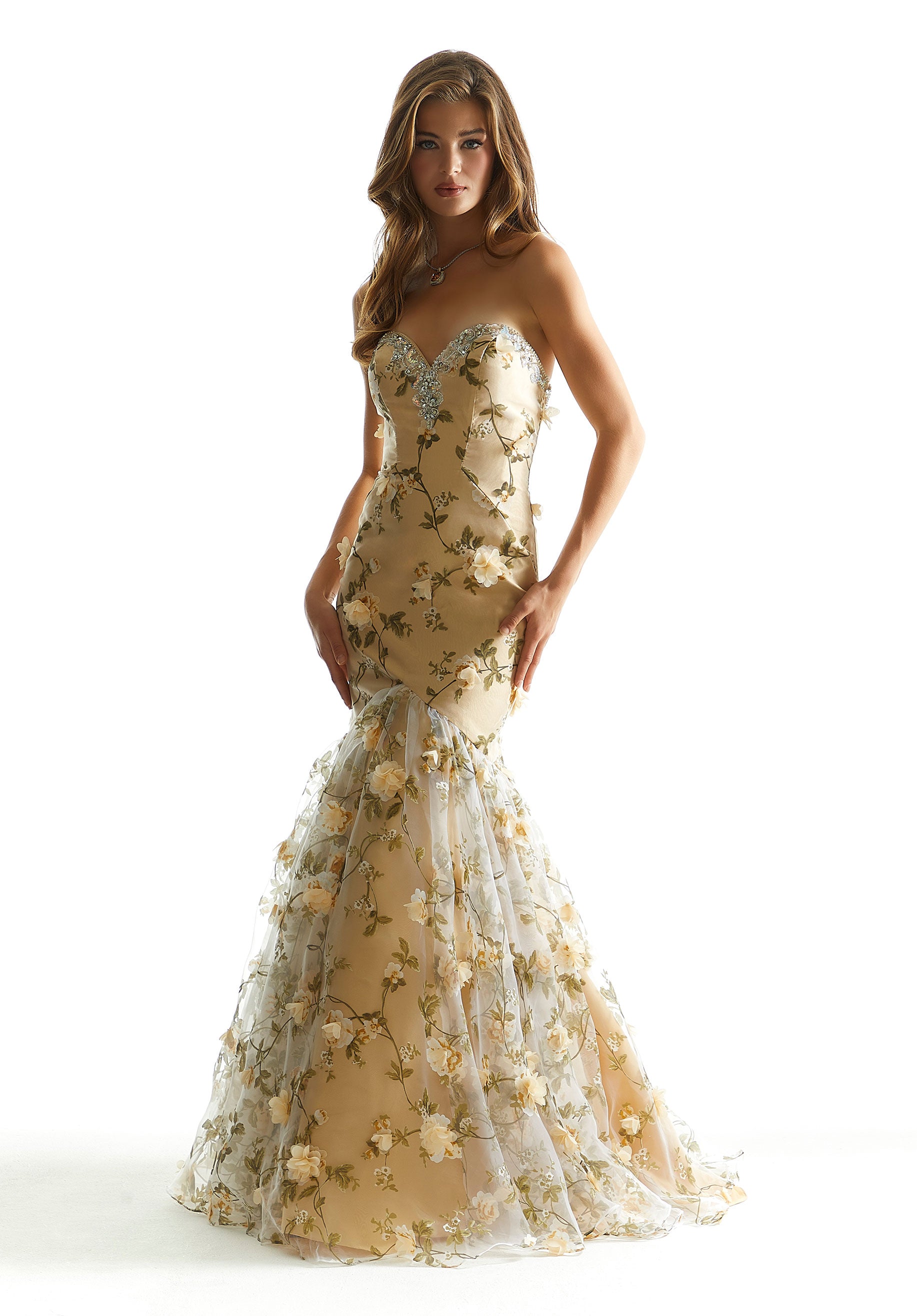 Prom Dresses Long Formal Floral Print Mermaid Prom Dress Champagne