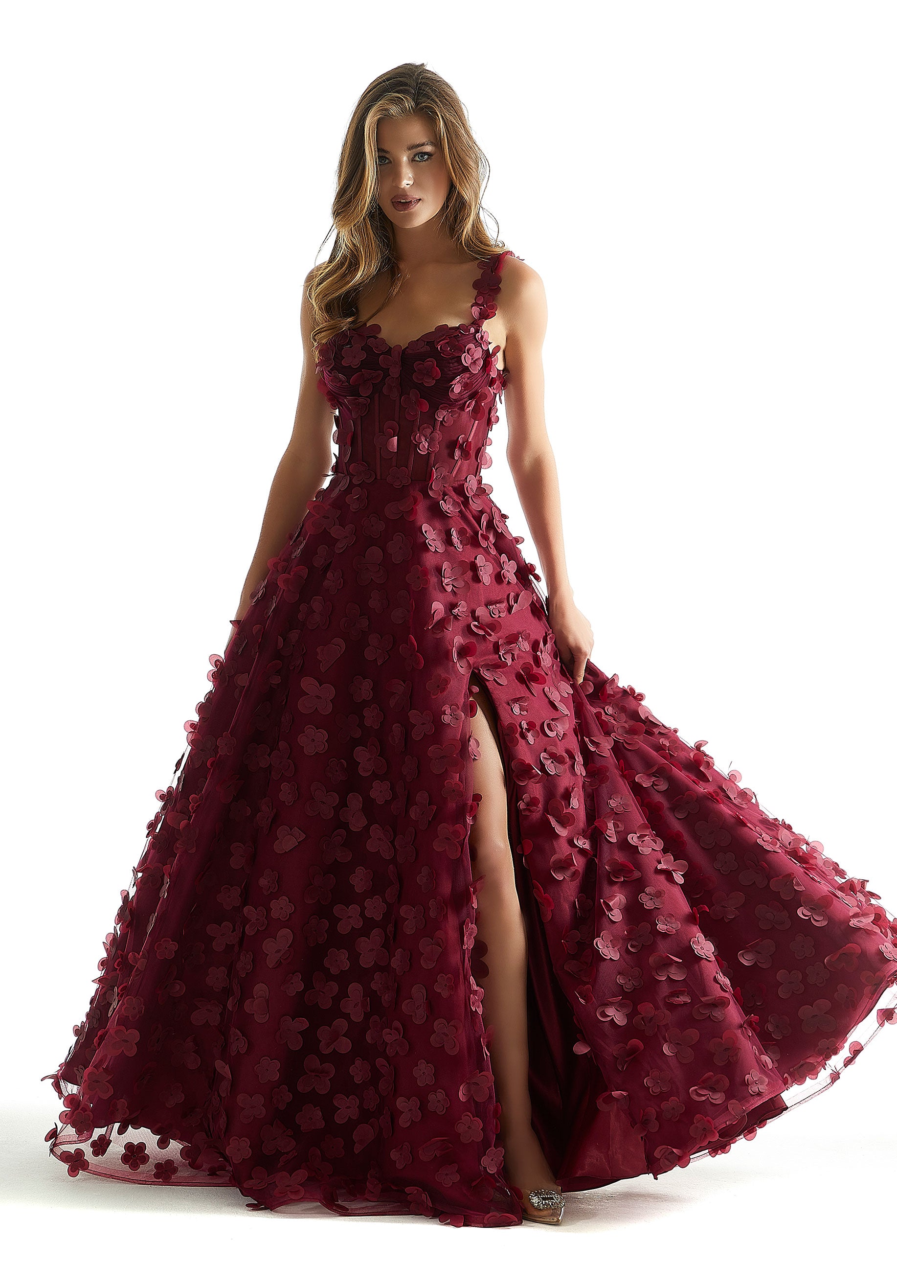 Prom Dresses Long Formal A Line Floral Applique Prom Dress Wine