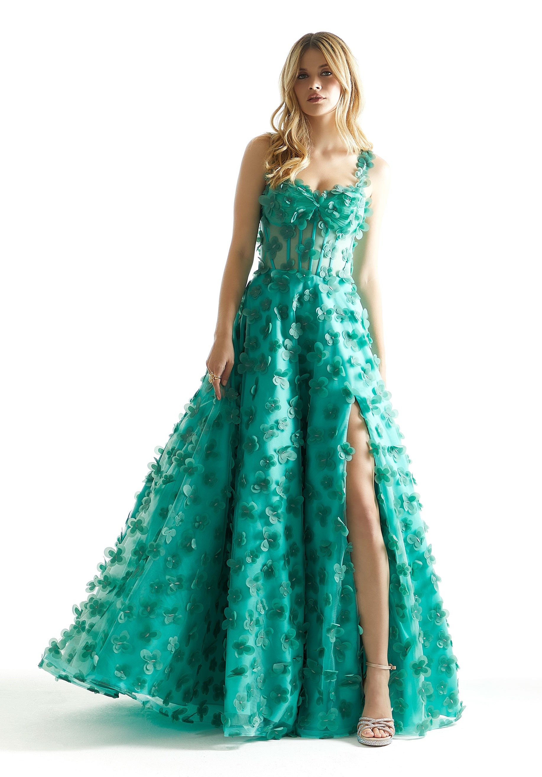 Prom Dresses Long Formal A Line Floral Applique Prom Dress Green