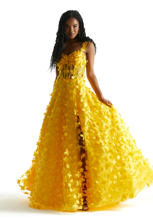 Prom Dresses Long Formal A Line Floral Applique Prom Dress Yellow