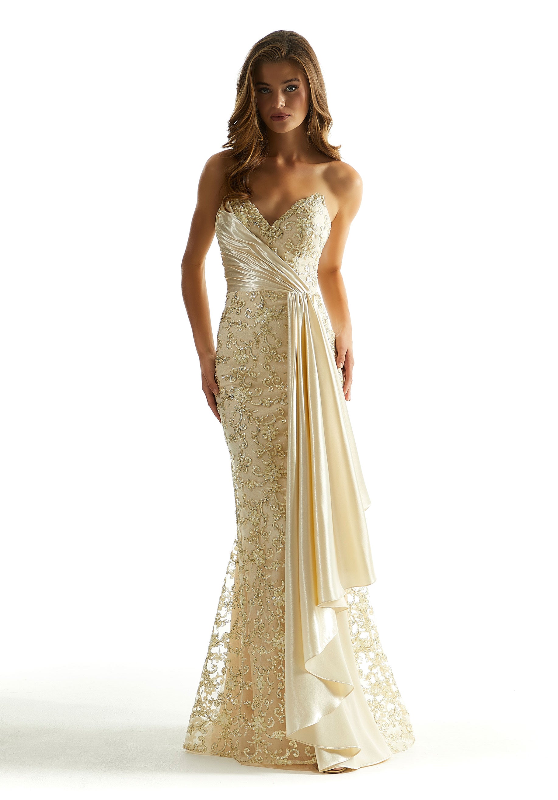 MGNY Madeline Gardner New York 49082 Long Fitted Formal Beaded Lace Prom Dress