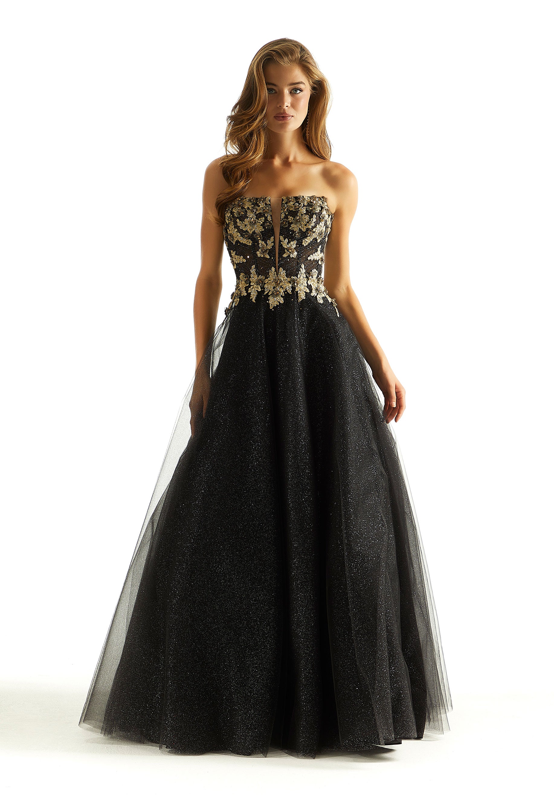 Prom Dresses Formal Long A Line Beaded Floral Prom Dress Black/Gold