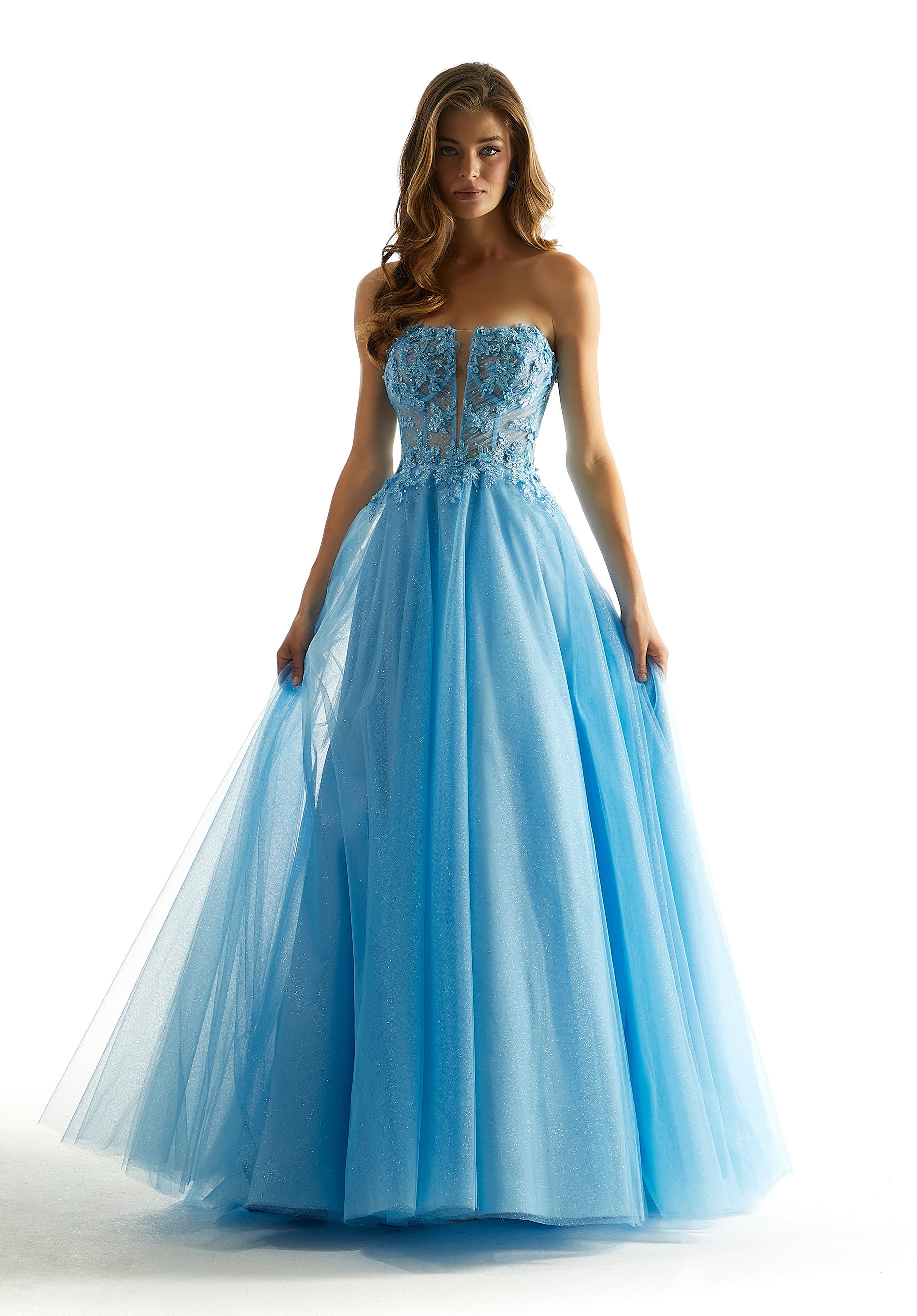 Prom Dresses Formal Long A Line Beaded Floral Prom Dress French Blue/Bahama Blue