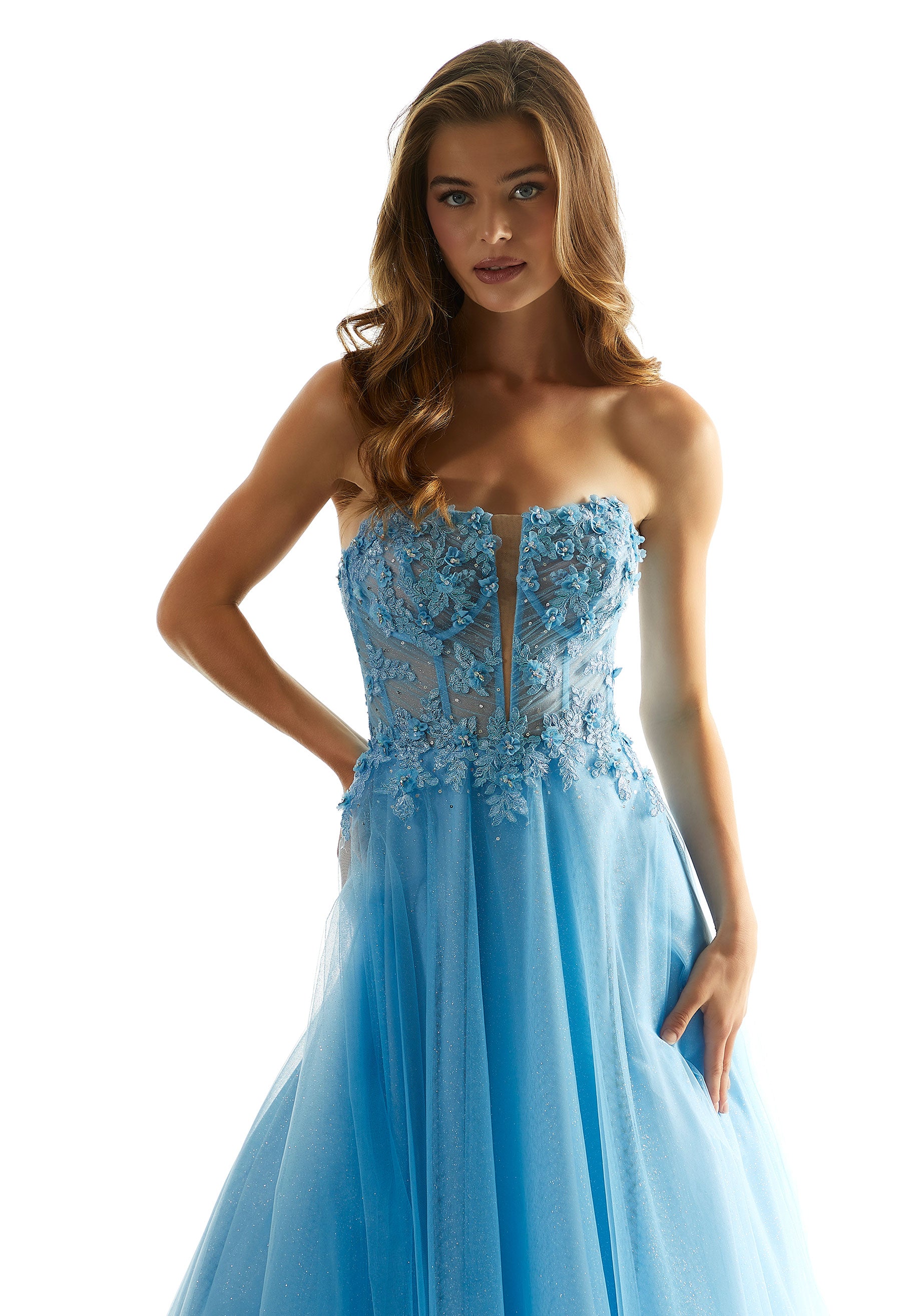 Prom Dresses Formal Long A Line Beaded Floral Prom Dress French Blue/Bahama Blue