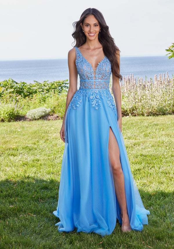 Morilee Prom 49133 A Line Long Formal Floral Applique Prom Dress