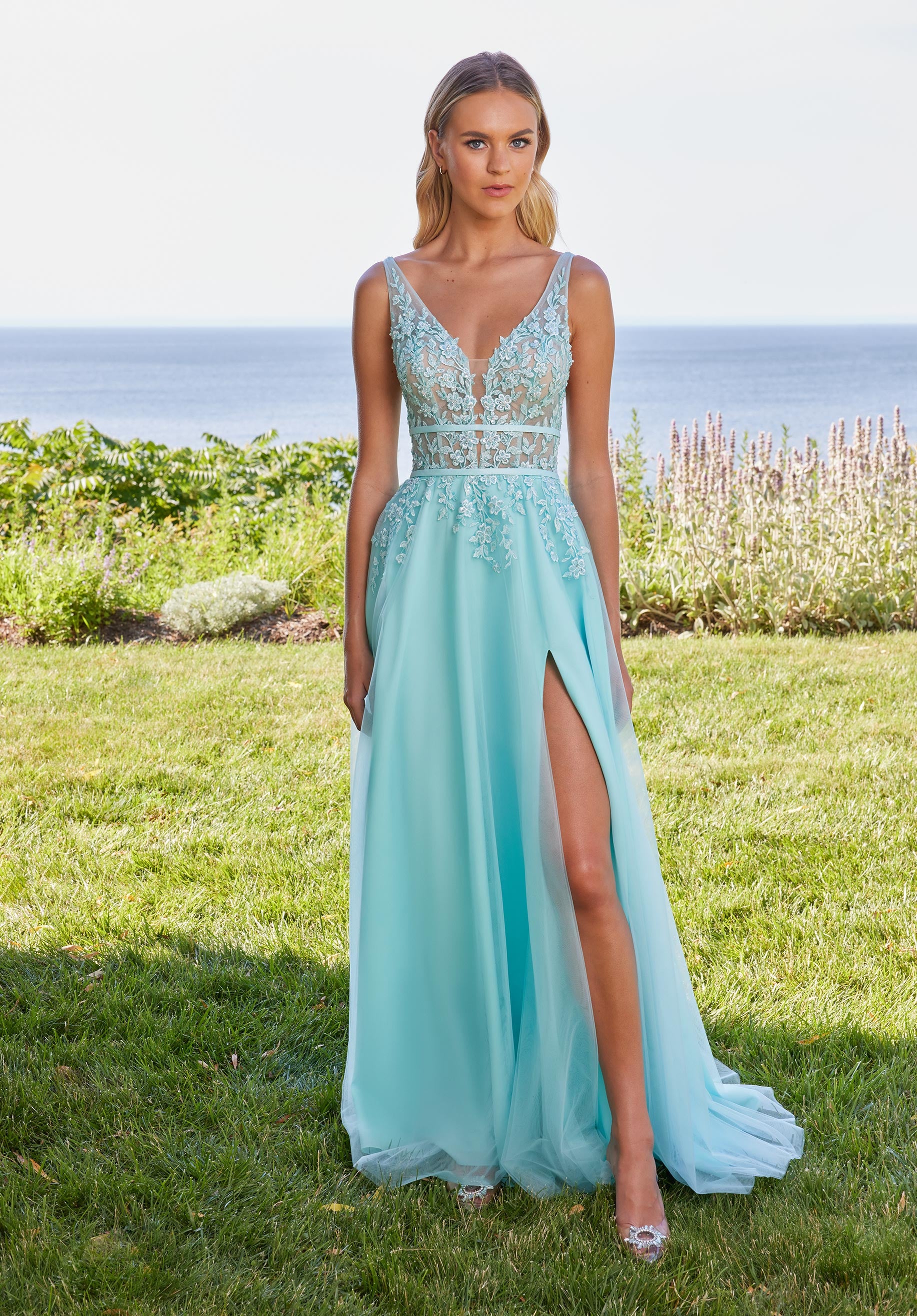 MGNY Madeline Gardner New York 49133 A Line Long Formal Floral Applique Prom Dress