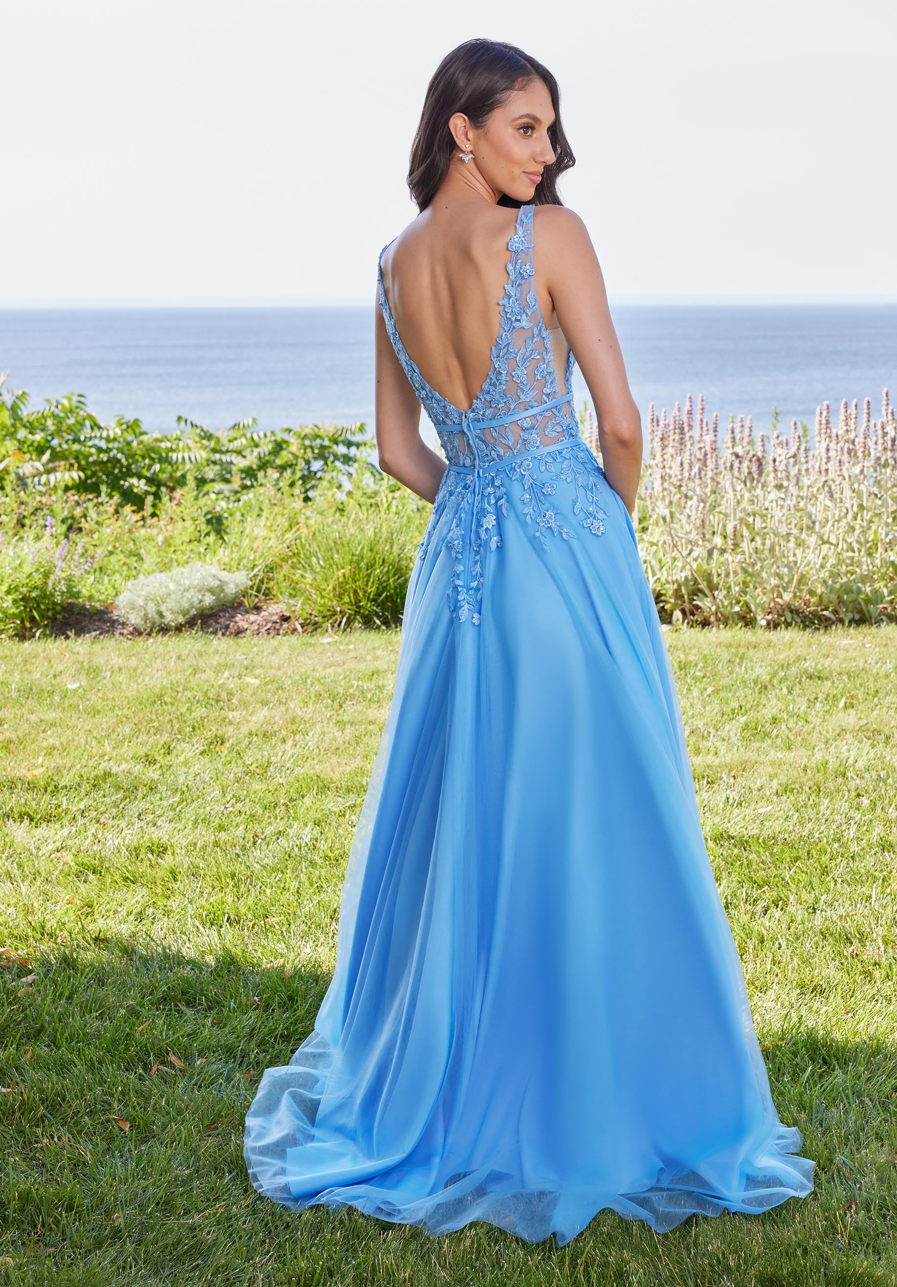 Prom Dresses A Line Long Formal Floral Applique Prom Dress French Blue