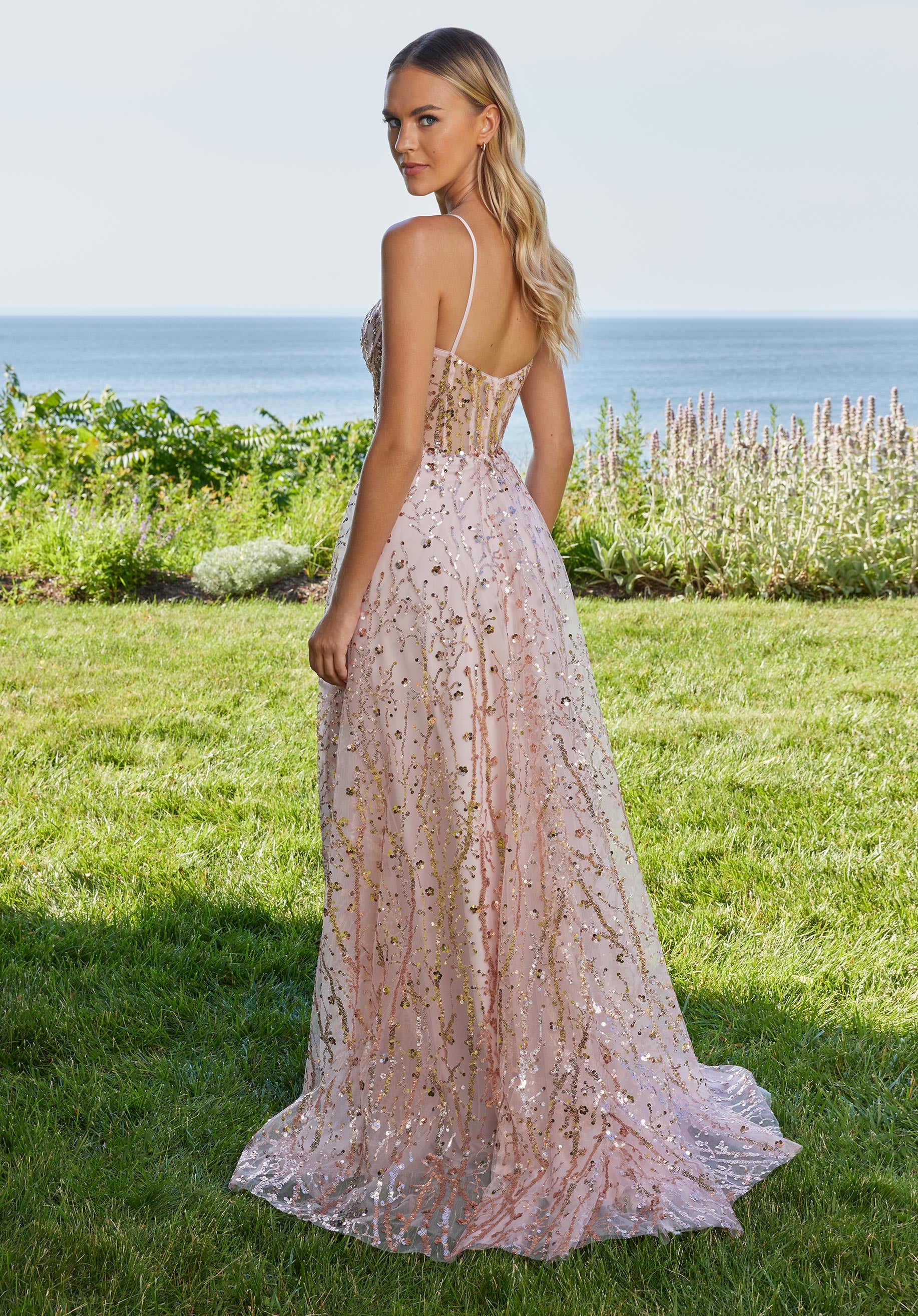 MGNY Madeline Gardner New York 49135 Long Sequin Slit Formal Prom A Line Dress